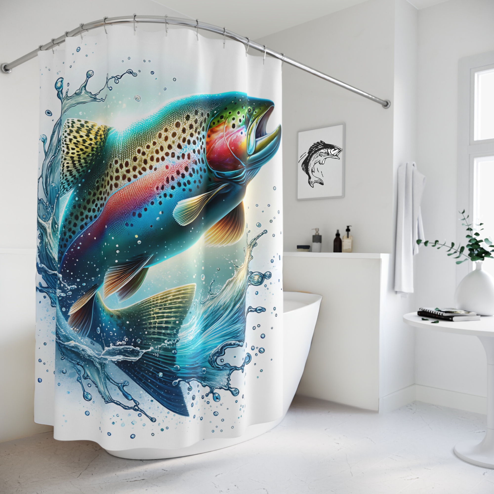 Rainbow Trout Splash – Bold Watercolor Fishing Shower Curtain