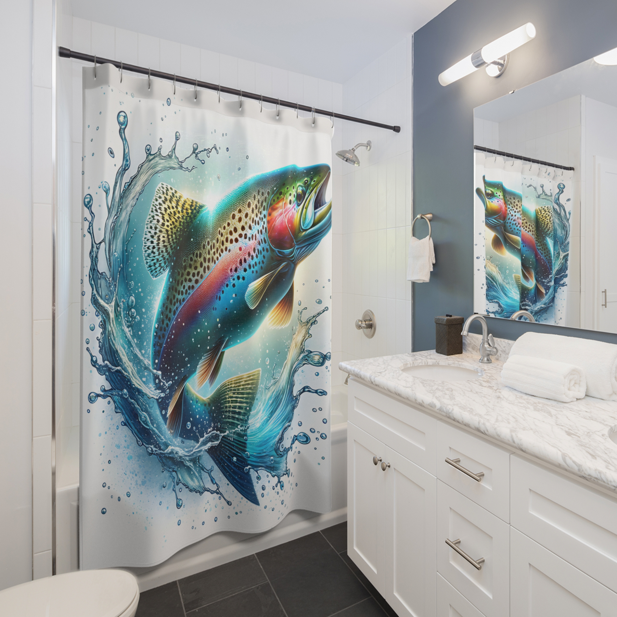 Rainbow Trout Splash – Bold Watercolor Fishing Shower Curtain