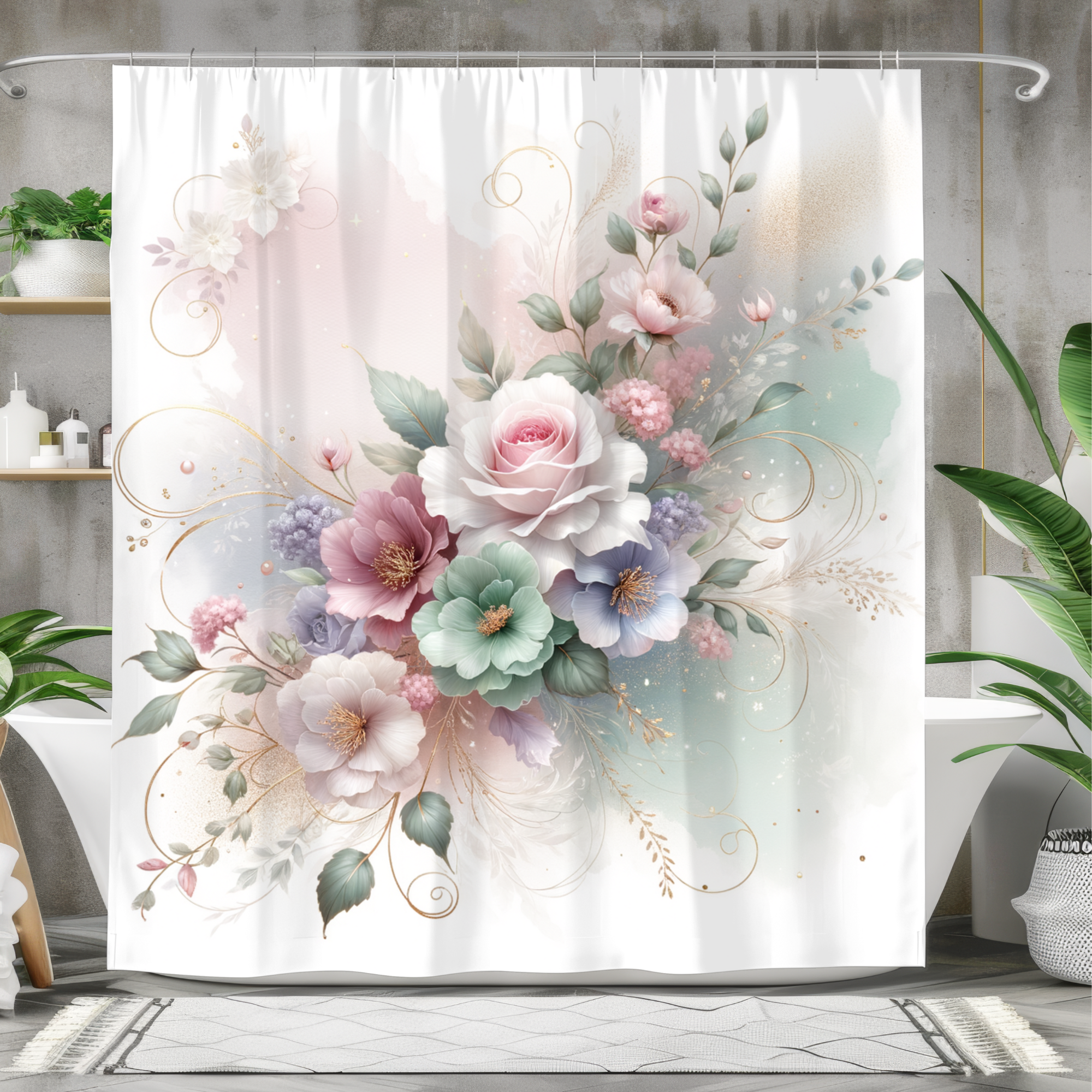 Pastel Garden Bouquet – Romantic Watercolor Floral Shower Curtain