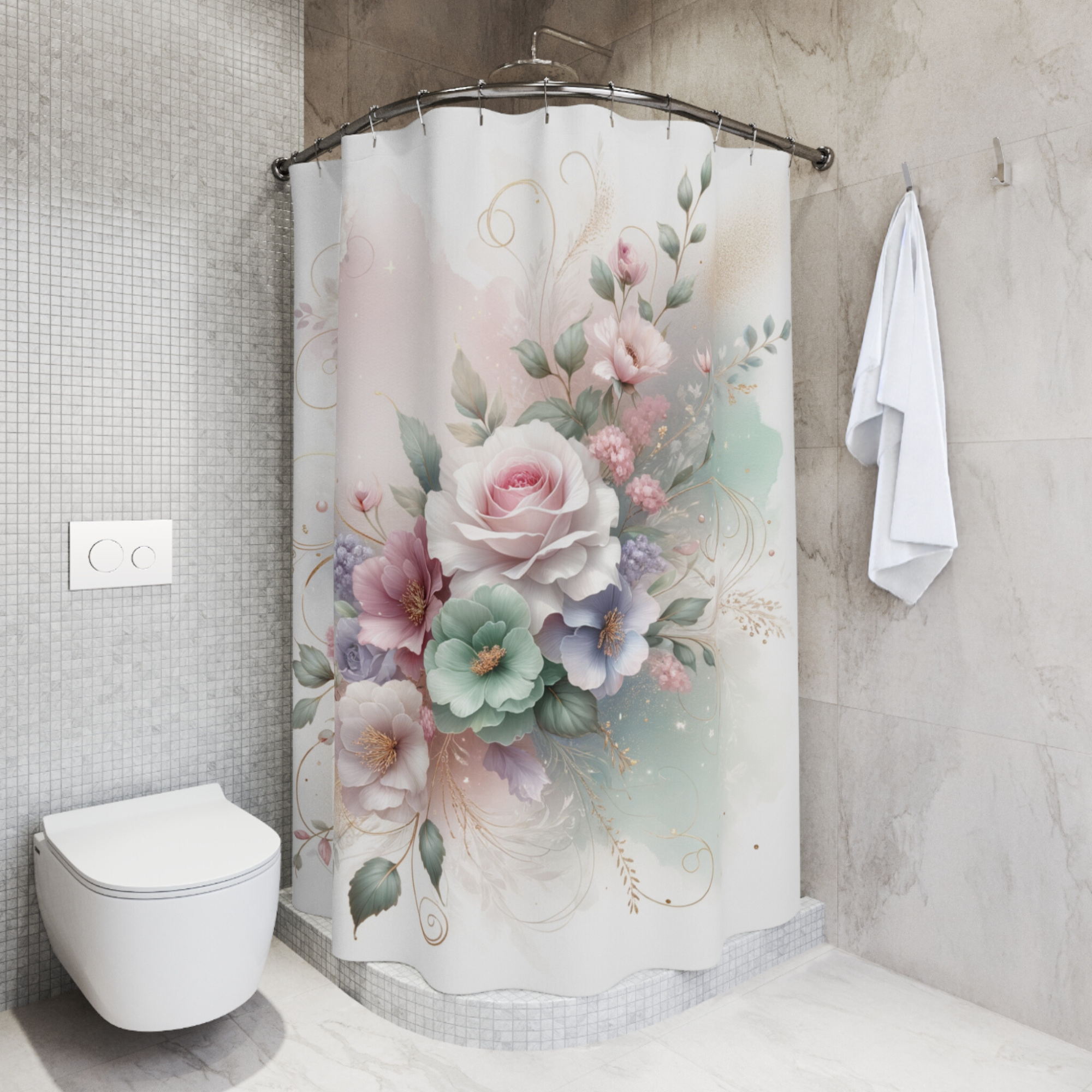 Pastel Garden Bouquet – Romantic Watercolor Floral Shower Curtain