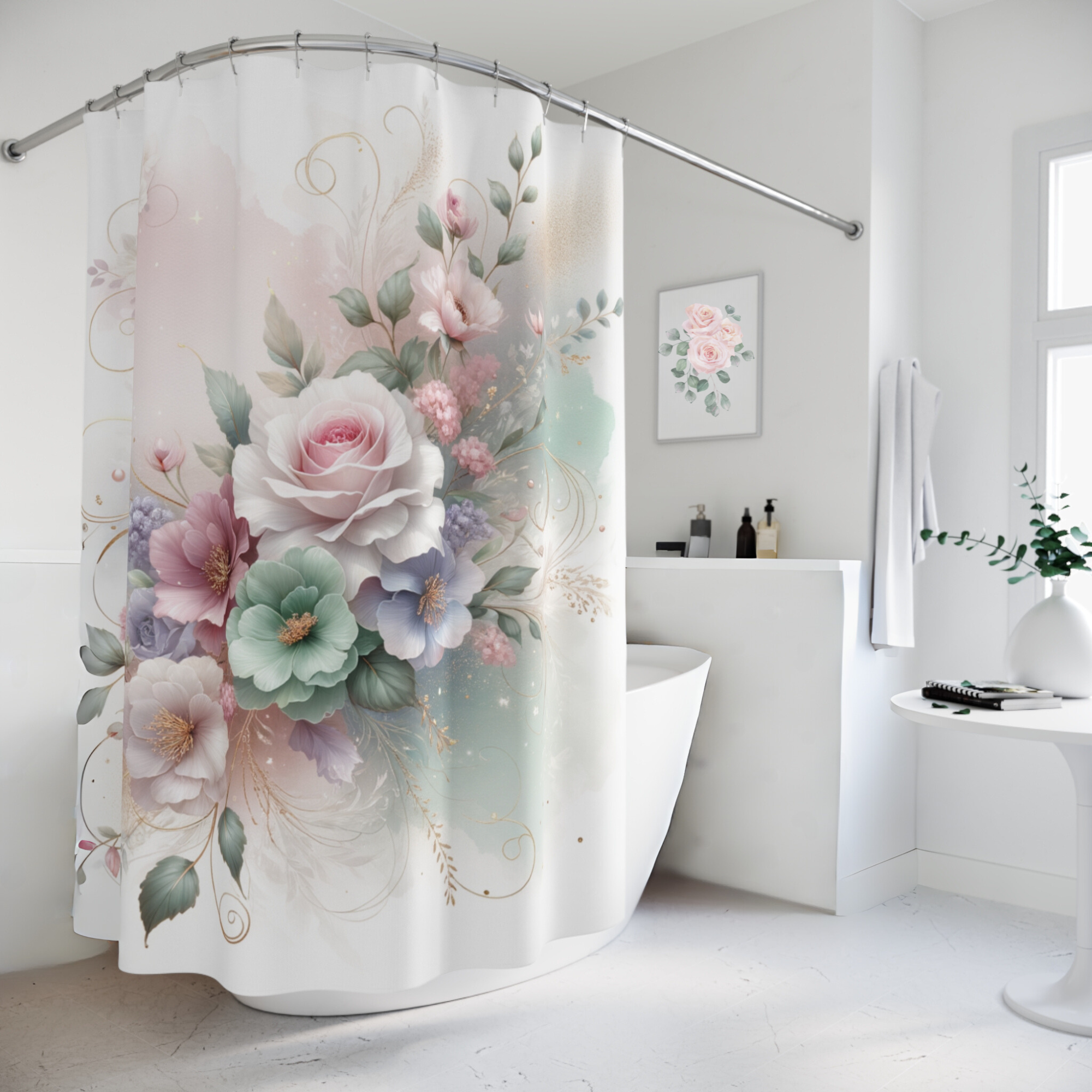 Pastel Garden Bouquet – Romantic Watercolor Floral Shower Curtain
