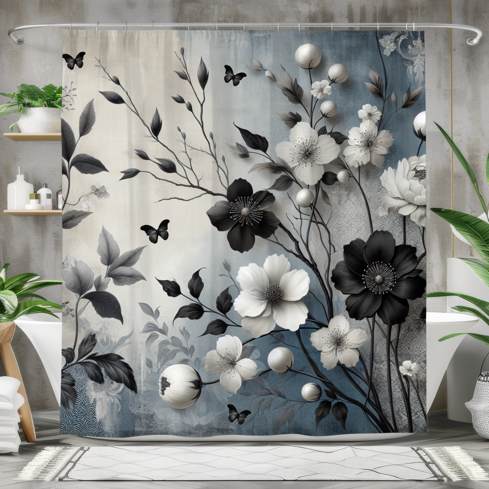 Midnight Garden Bloom – Elegant Black and White Floral Shower Curtain