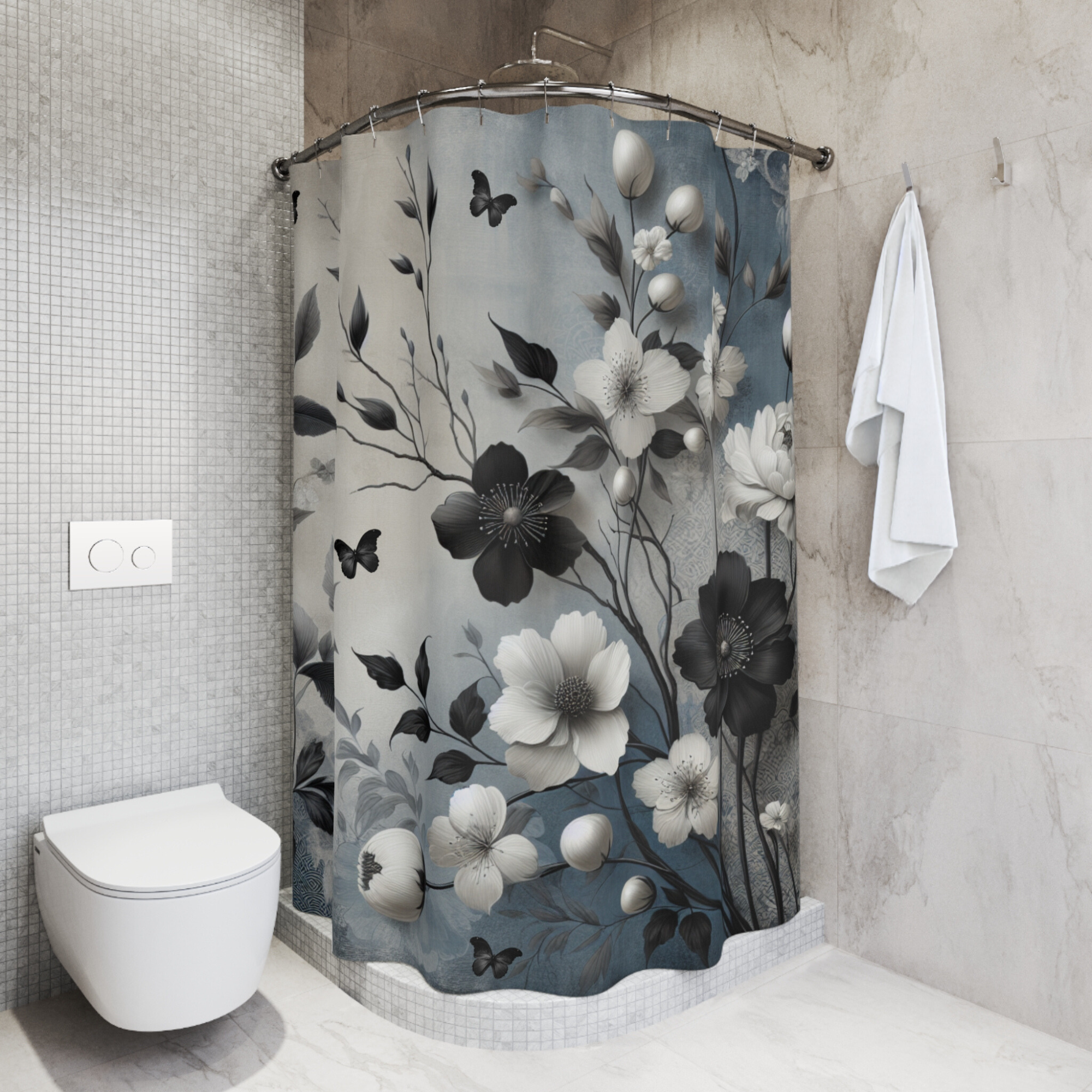 Midnight Garden Bloom – Elegant Black and White Floral Shower Curtain