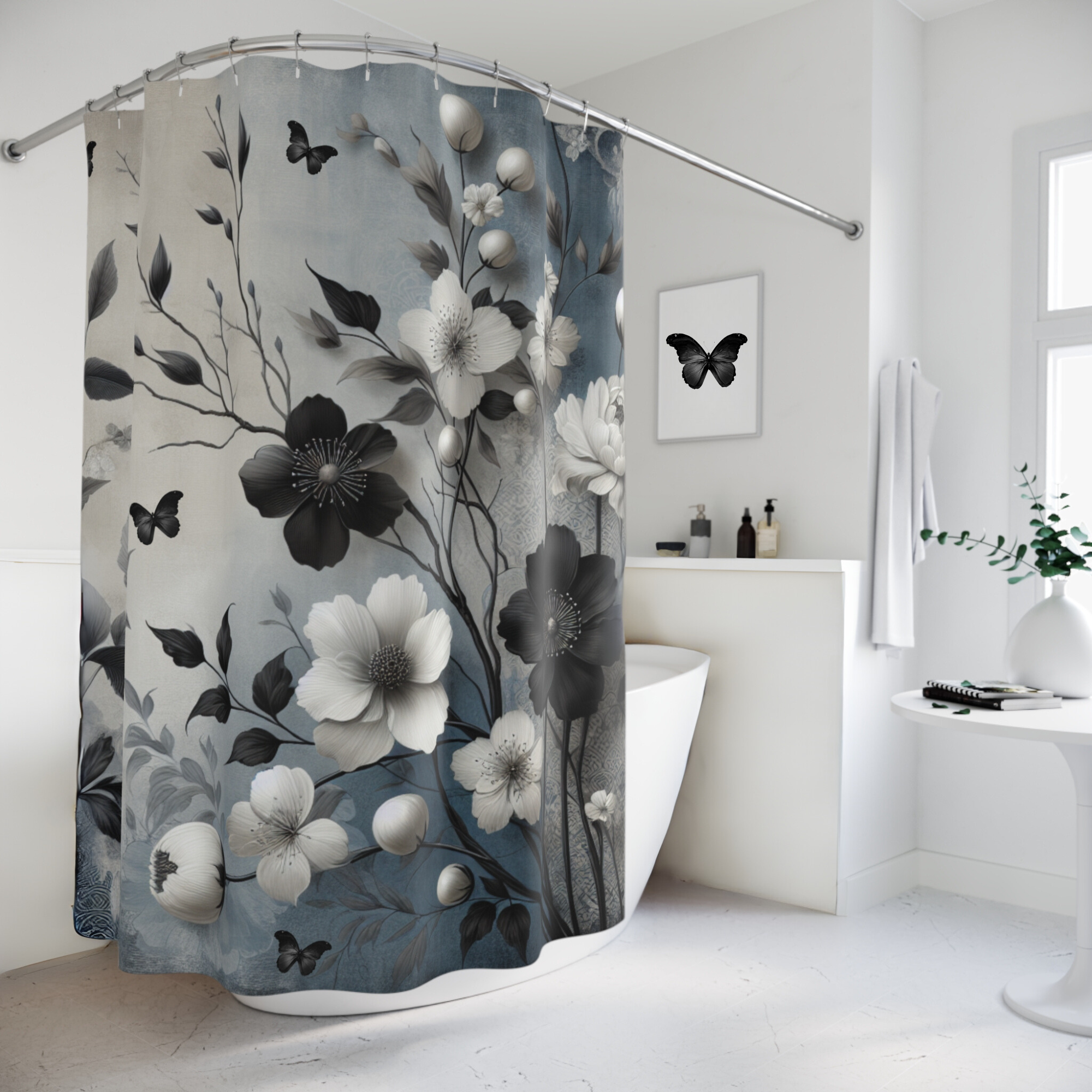 Midnight Garden Bloom – Elegant Black and White Floral Shower Curtain