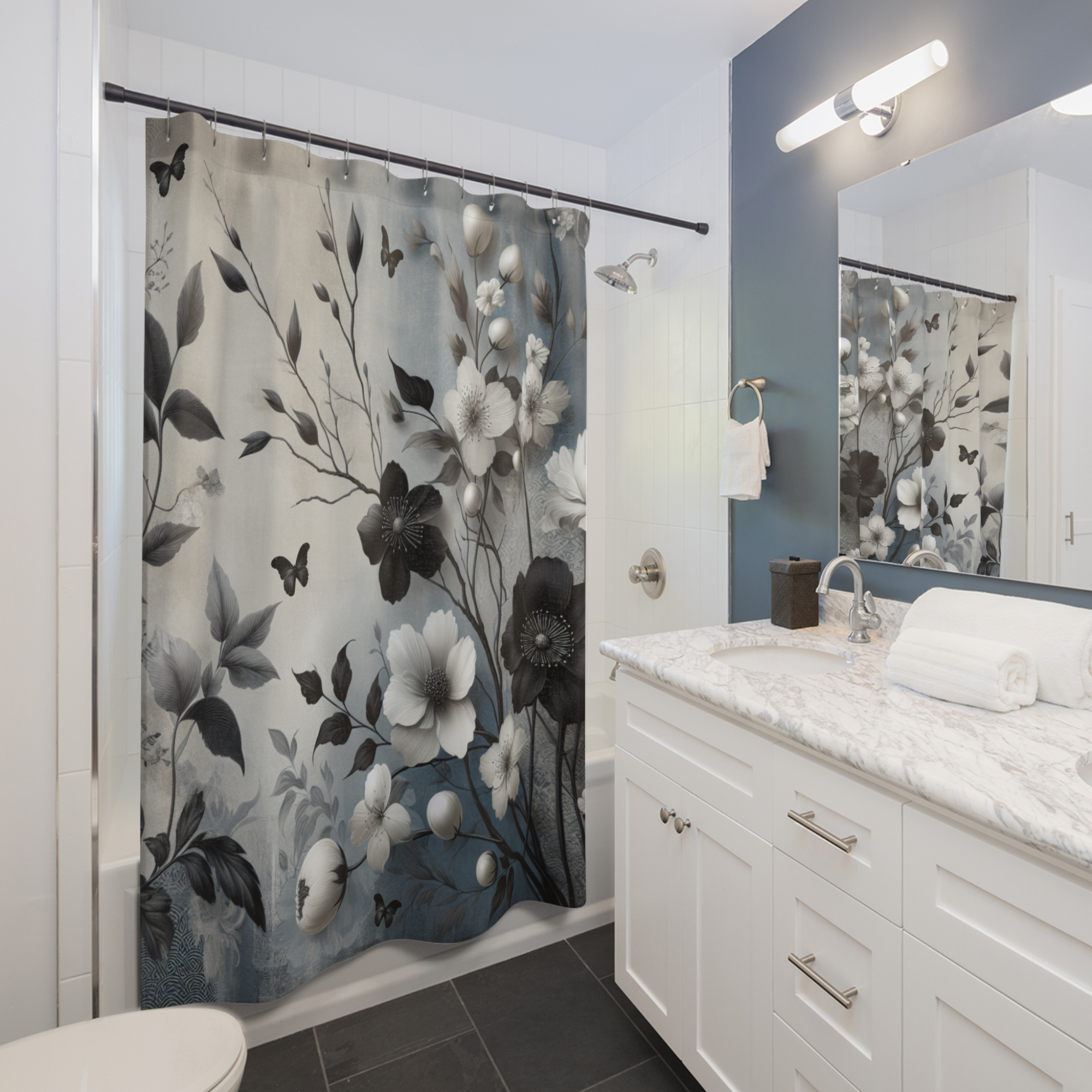 Midnight Garden Bloom – Elegant Black and White Floral Shower Curtain