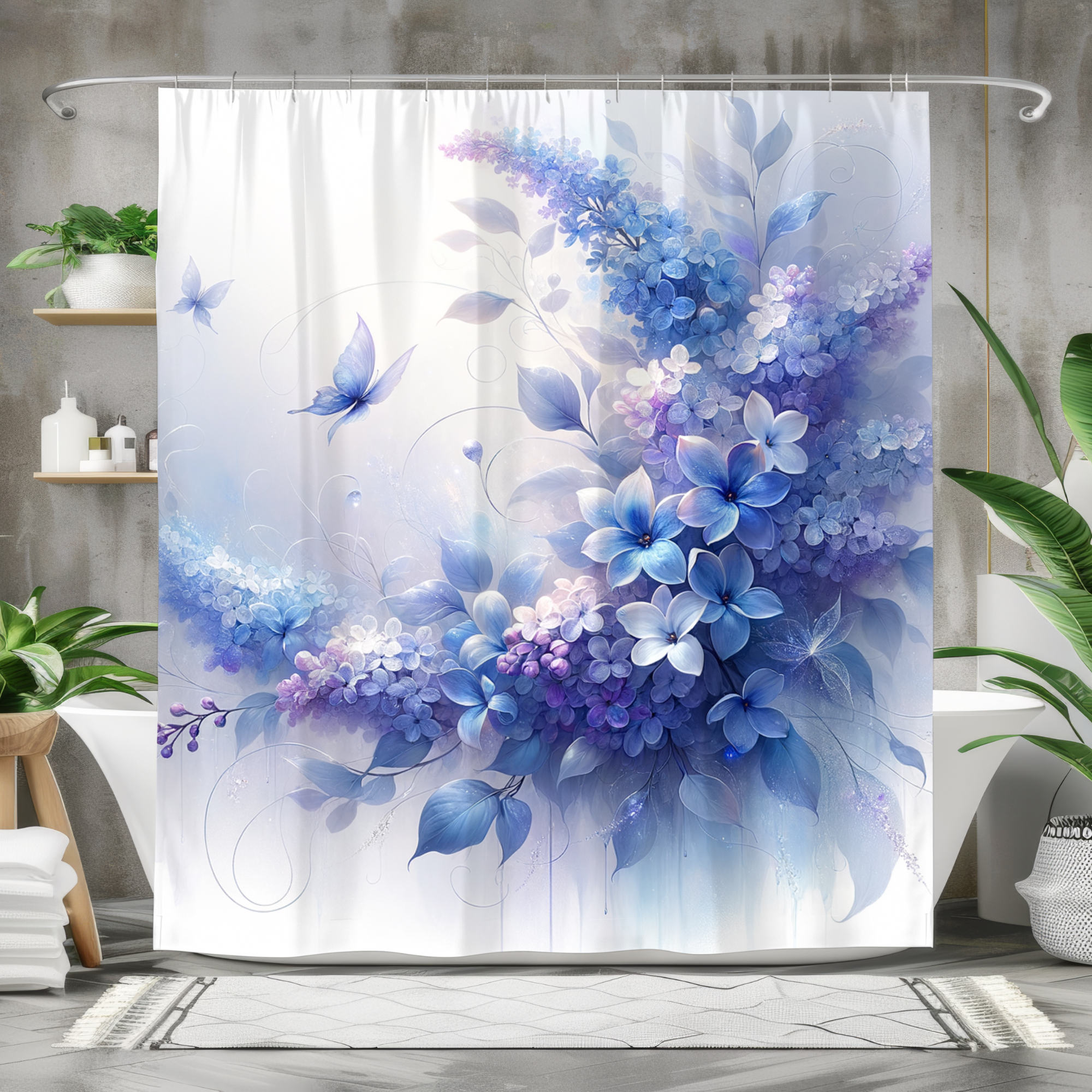 Lavender Garden Drift – Soft Blue and Lilac Floral Shower Curtain