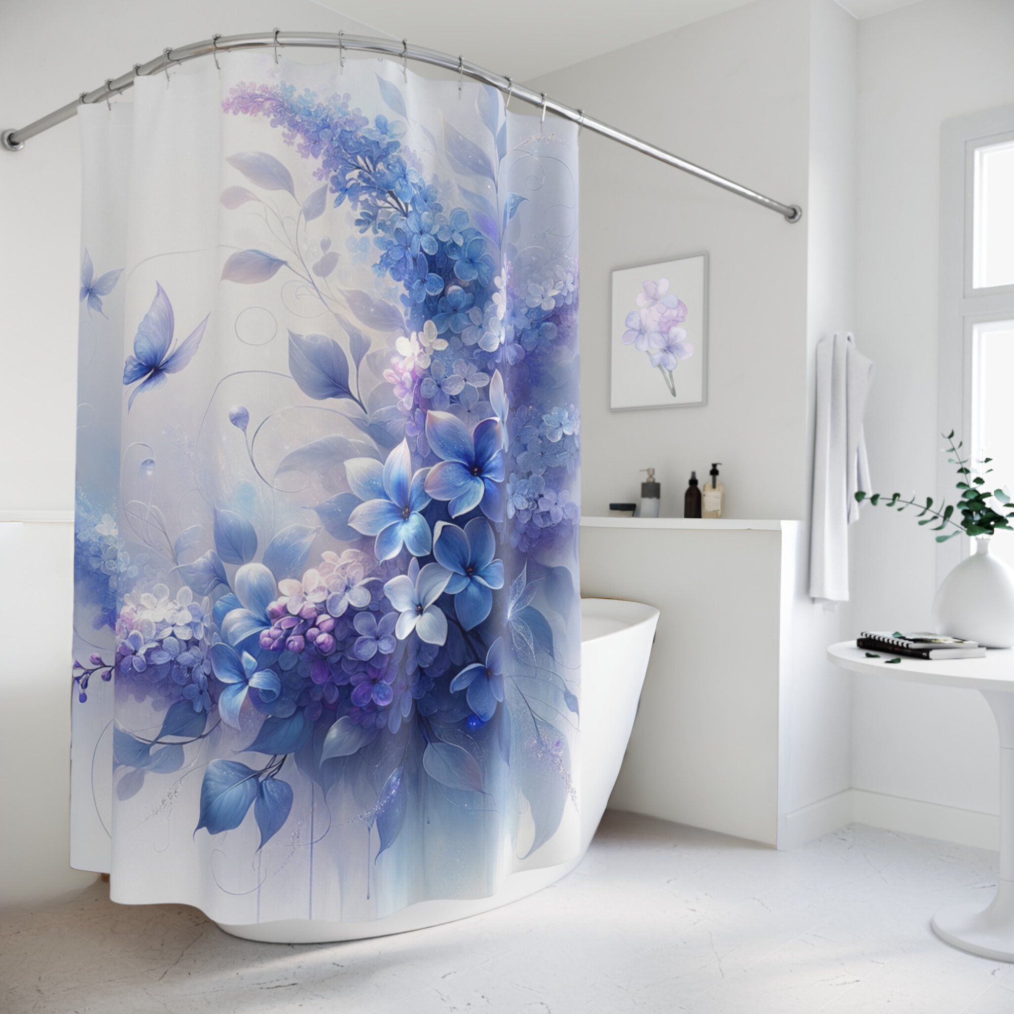 Lavender Garden Drift – Soft Blue and Lilac Floral Shower Curtain