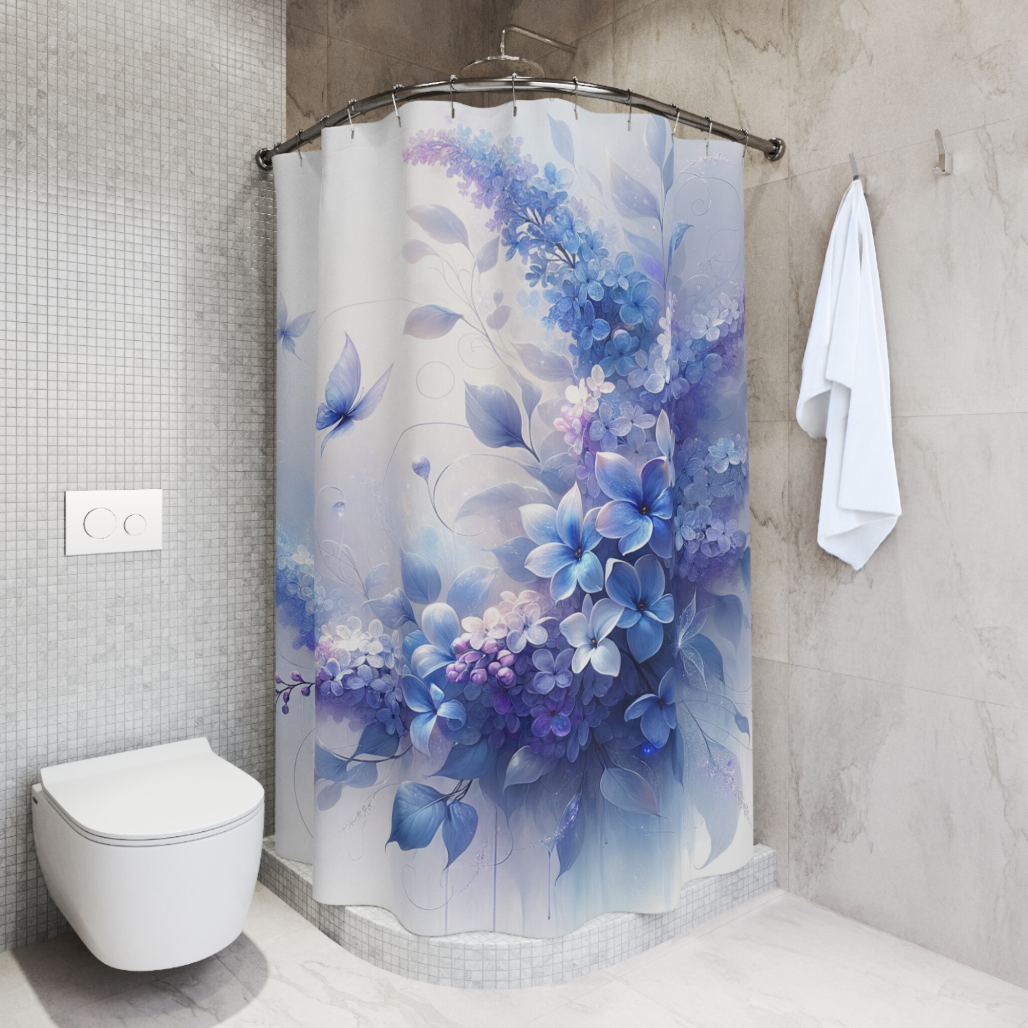 Lavender Garden Drift – Soft Blue and Lilac Floral Shower Curtain