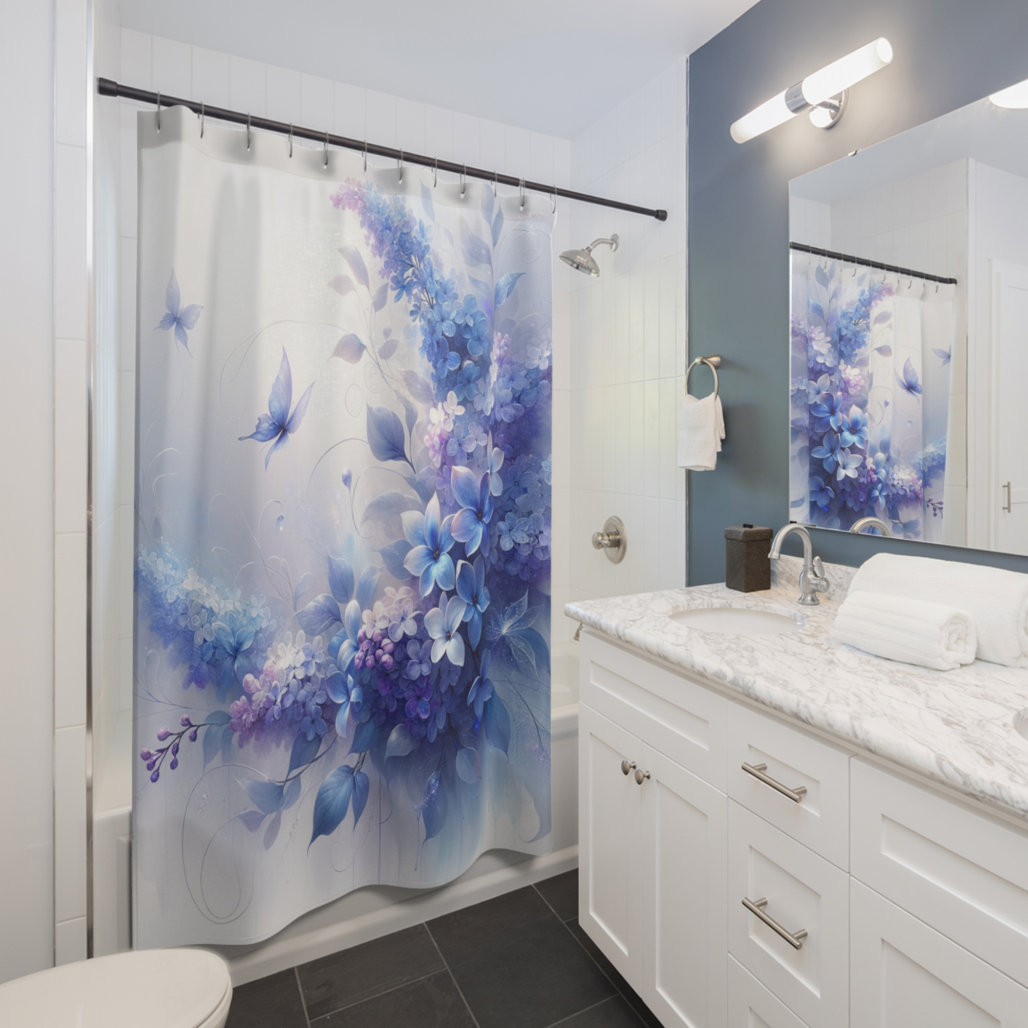 Lavender Garden Drift – Soft Blue and Lilac Floral Shower Curtain