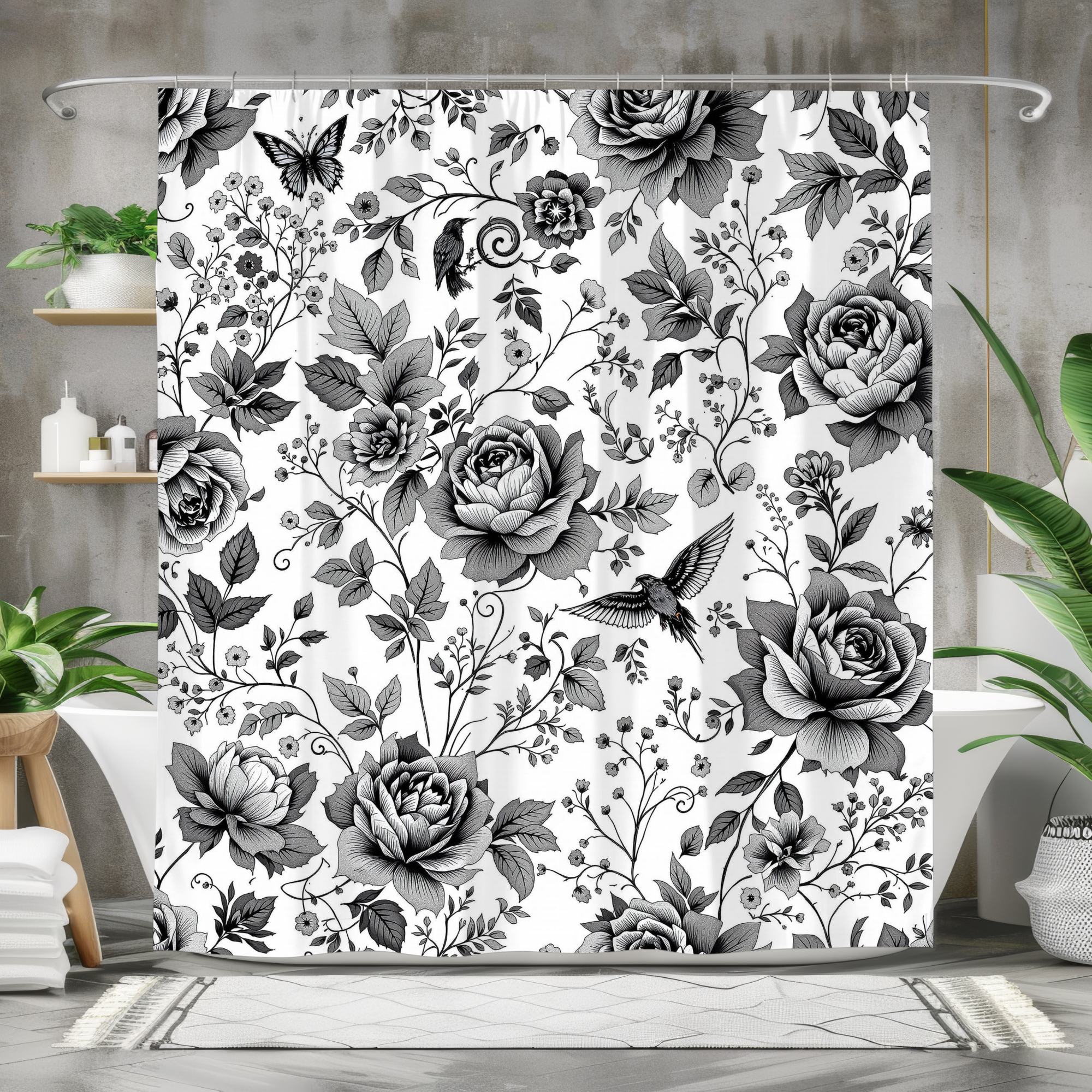 Botanical Ink Garden – Black and White Floral Shower Curtain