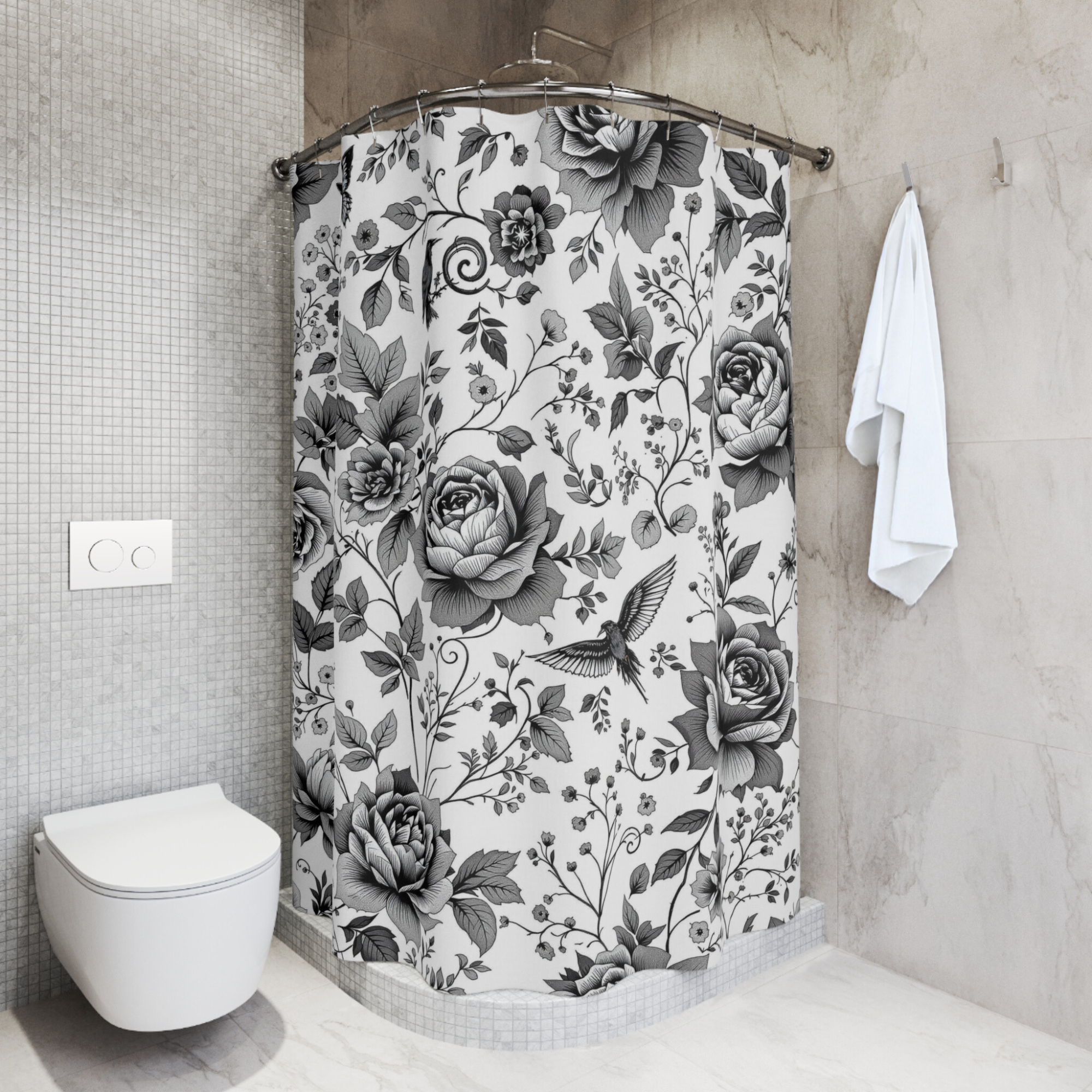 Botanical Ink Garden – Black and White Floral Shower Curtain