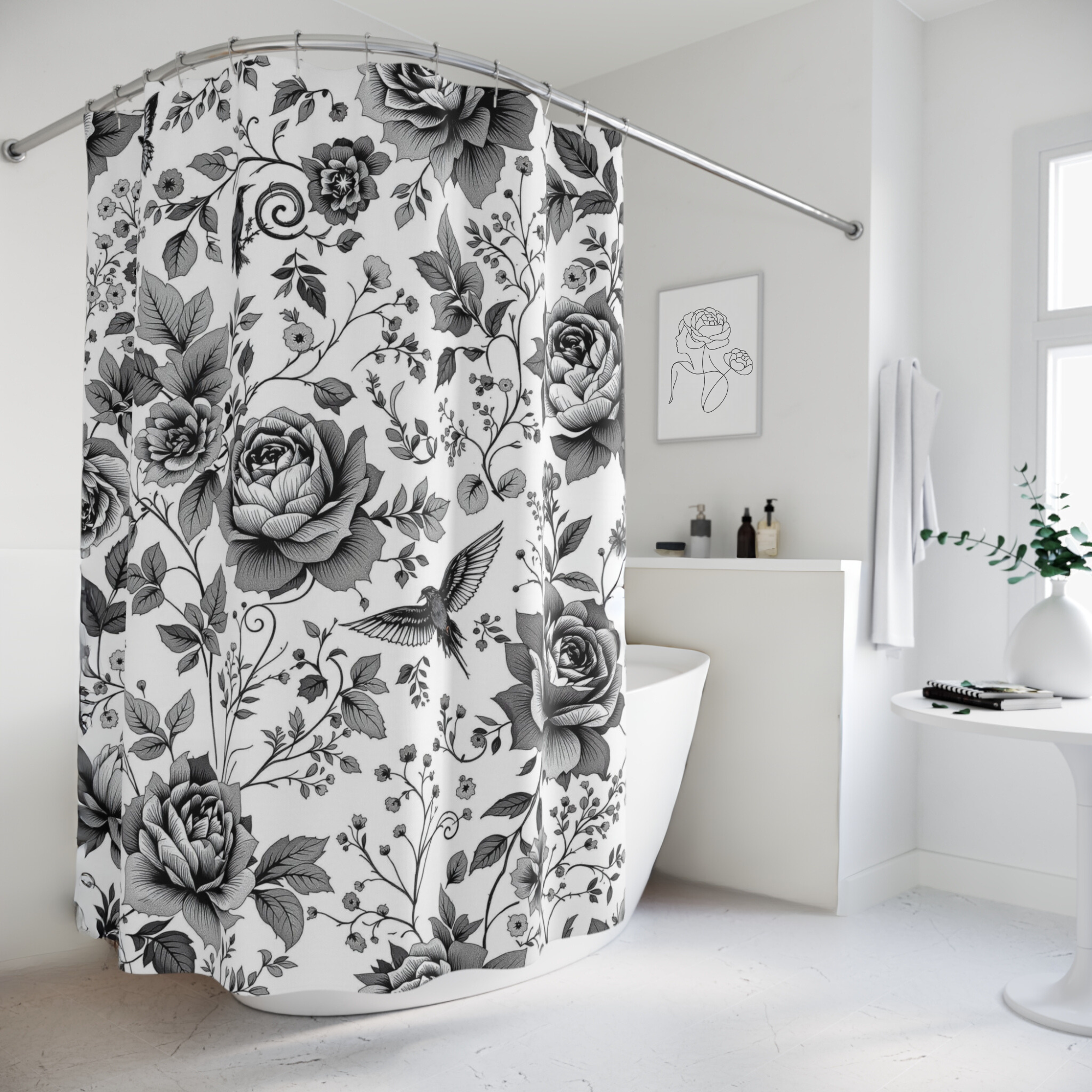 Botanical Ink Garden – Black and White Floral Shower Curtain