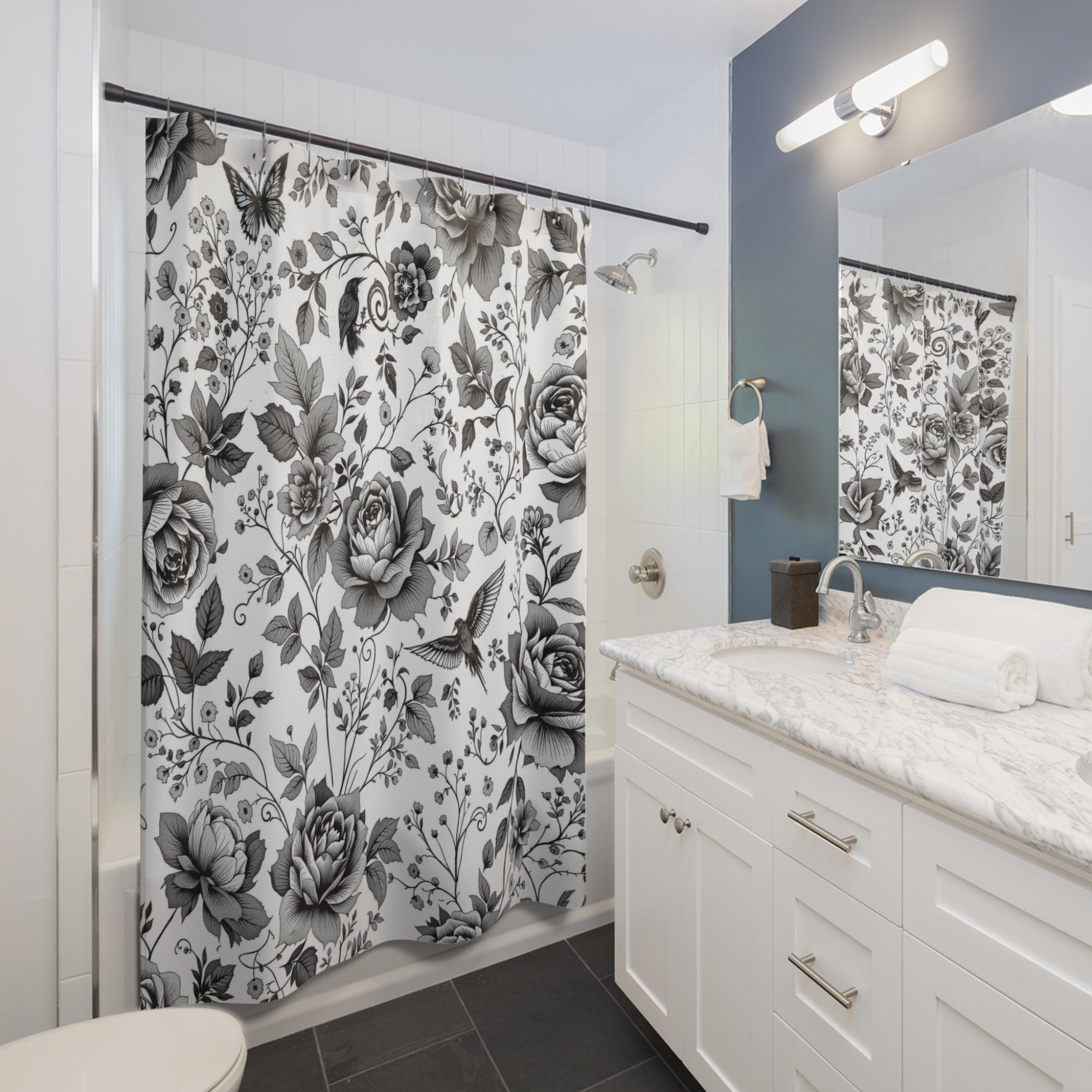 Botanical Ink Garden – Black and White Floral Shower Curtain