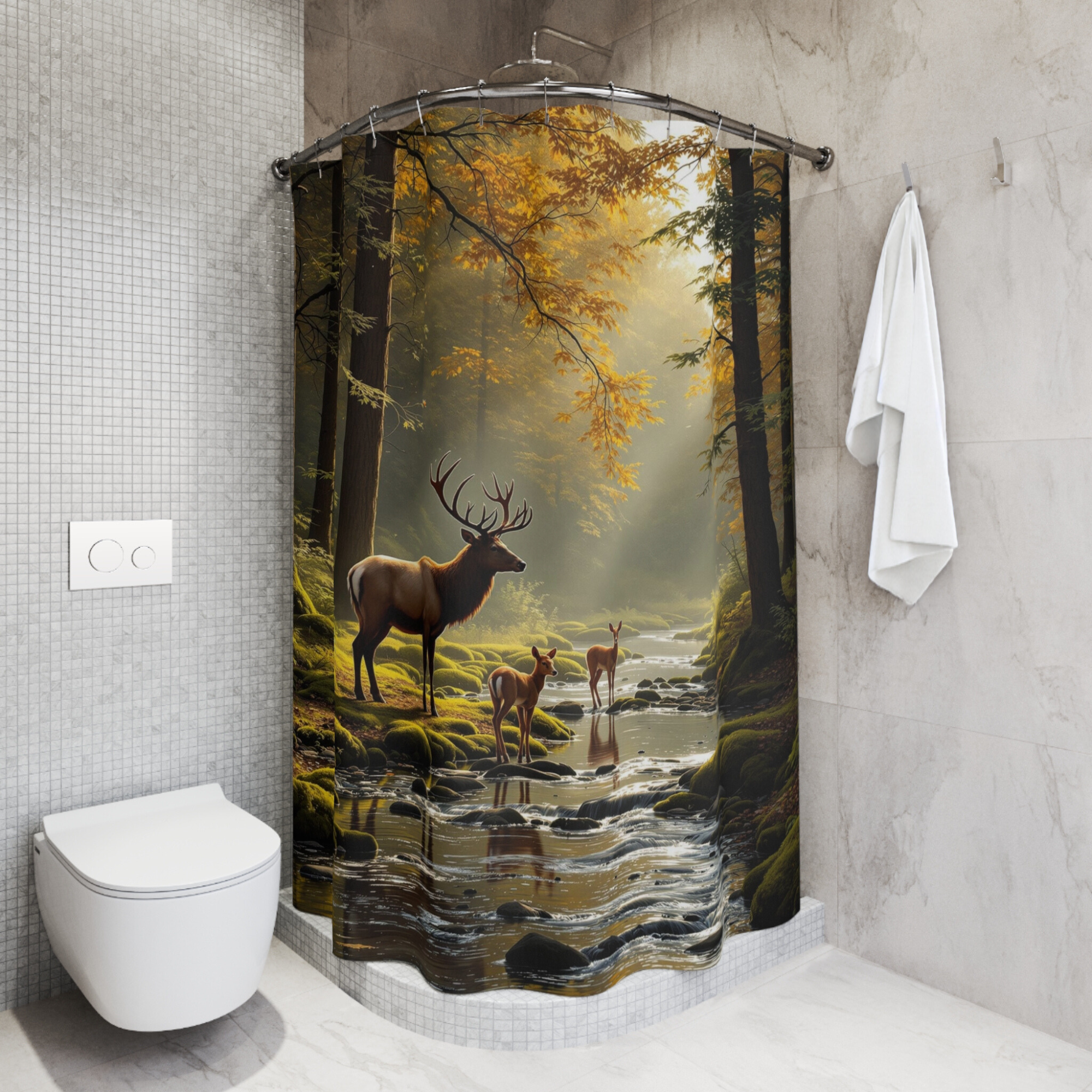 Golden Forest Stag – Autumn Woodland Deer Shower Curtain