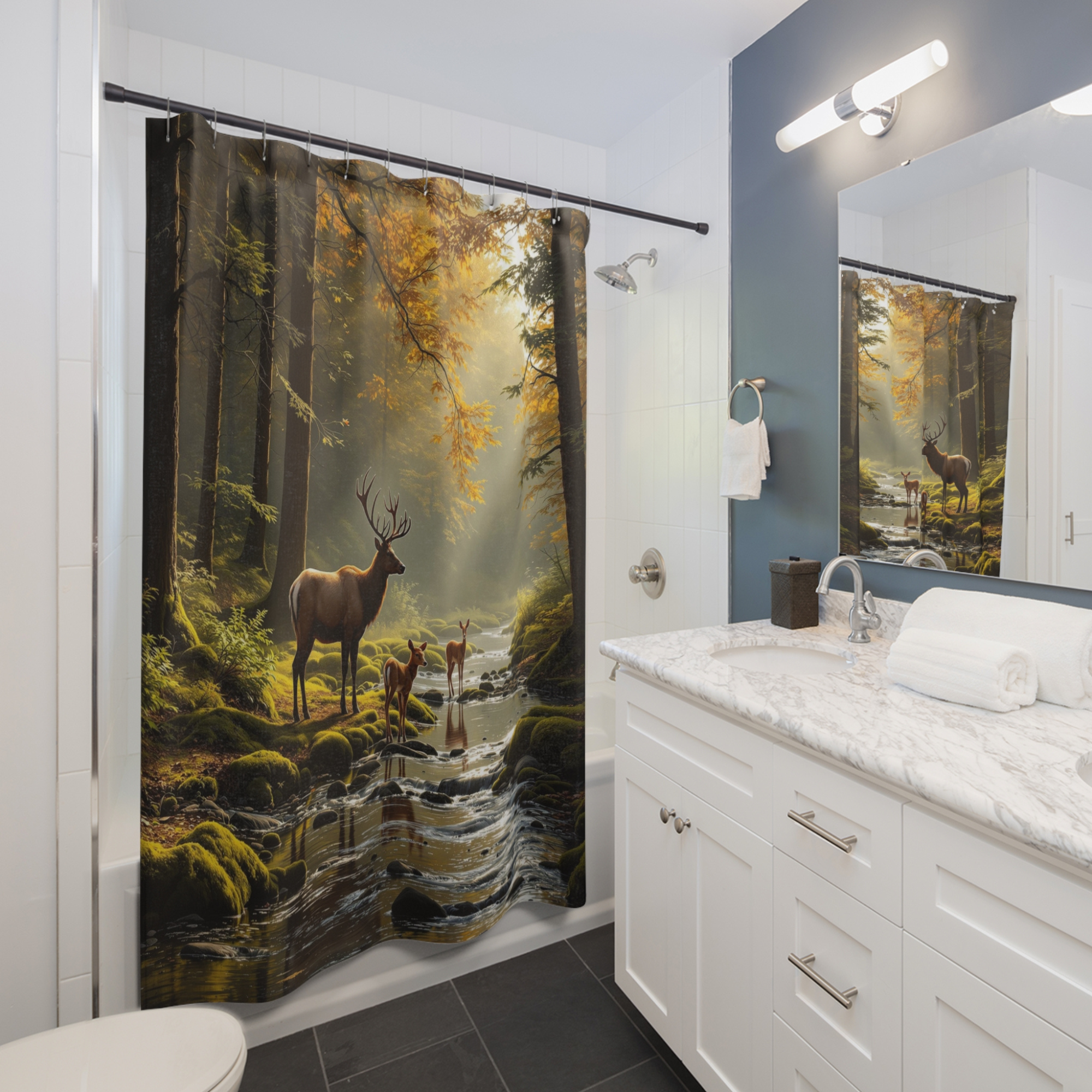 Golden Forest Stag – Autumn Woodland Deer Shower Curtain