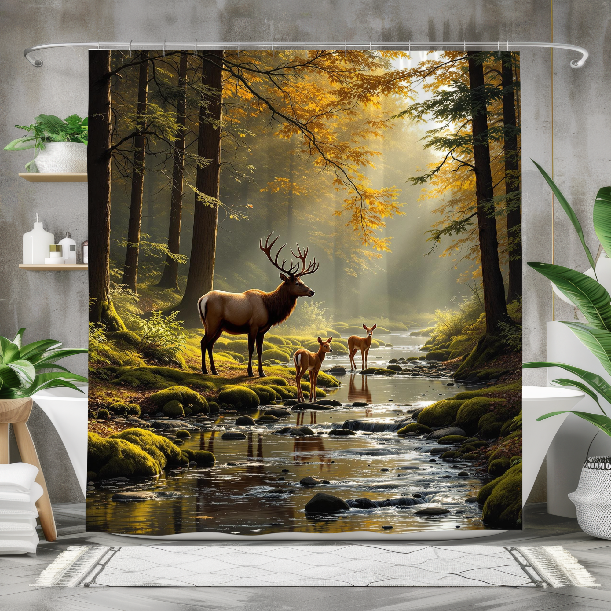 Golden Forest Stag – Autumn Woodland Deer Shower Curtain