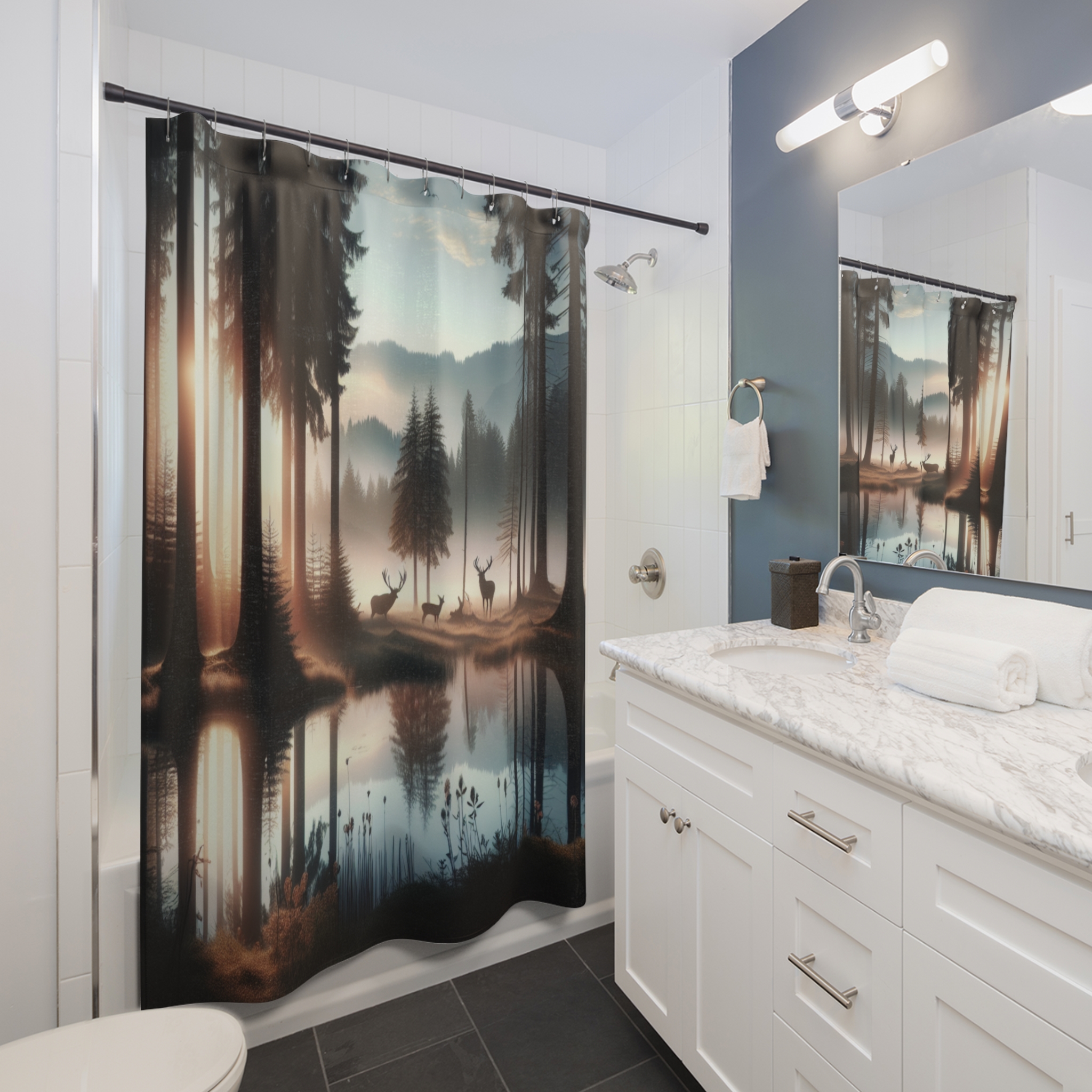 Forest Reflection at Dawn – Misty Deer Lake Shower Curtain