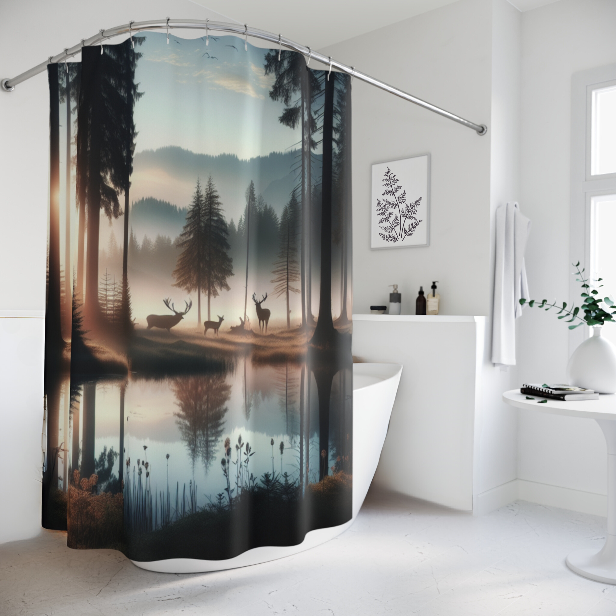Forest Reflection at Dawn – Misty Deer Lake Shower Curtain