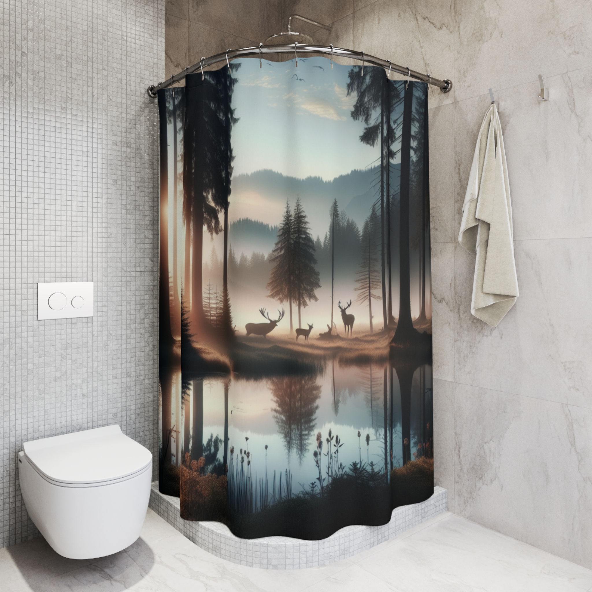 Forest Reflection at Dawn – Misty Deer Lake Shower Curtain