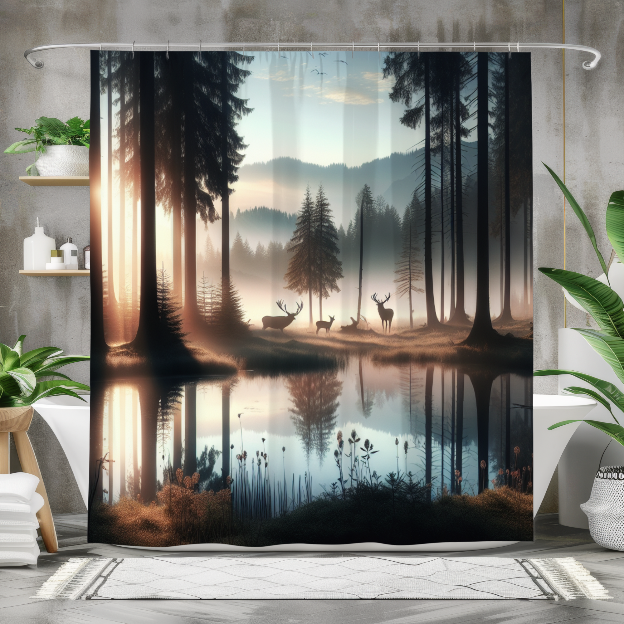 Forest Reflection at Dawn – Misty Deer Lake Shower Curtain