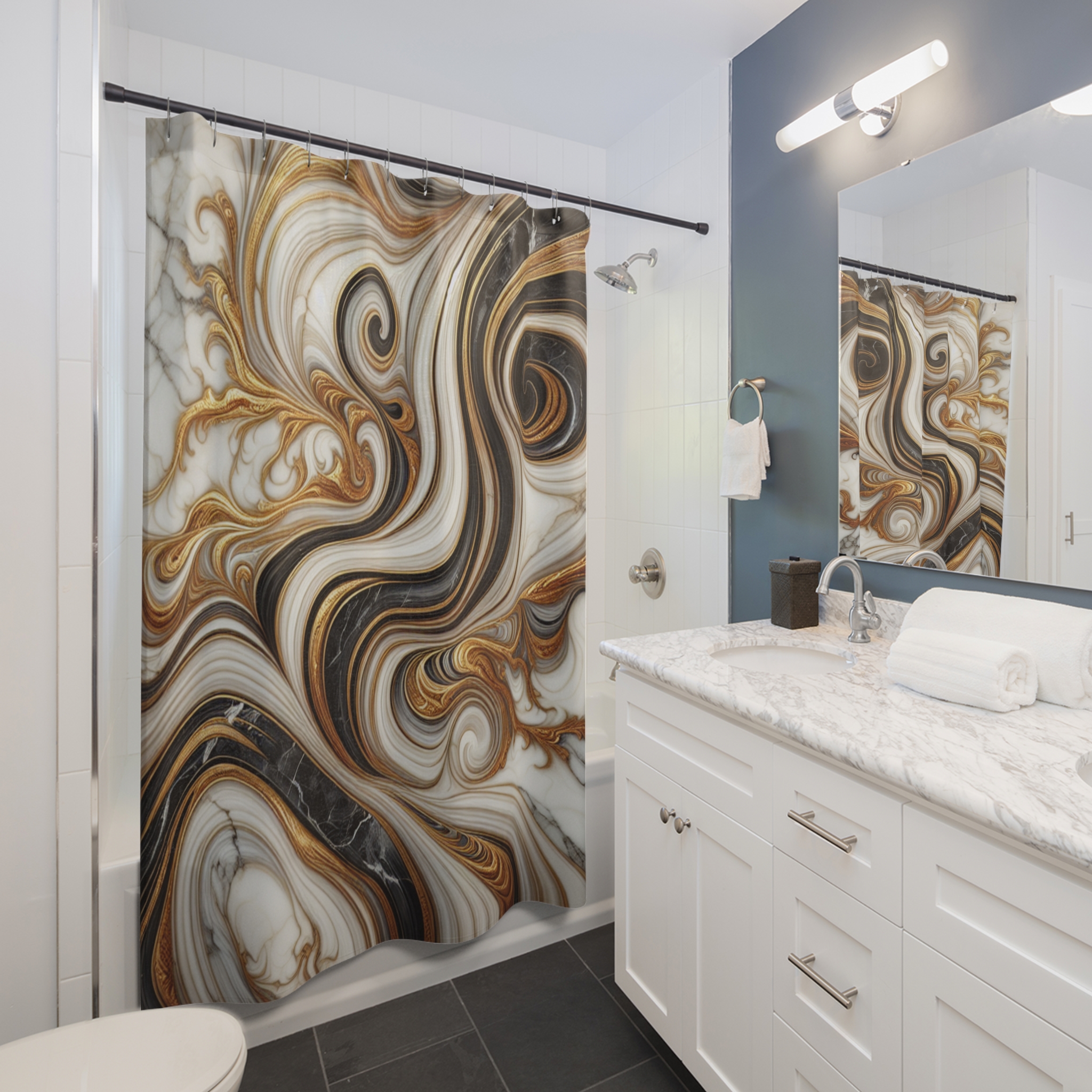 Golden Marble Swirl – Luxury Black and Gold Shower Curtain