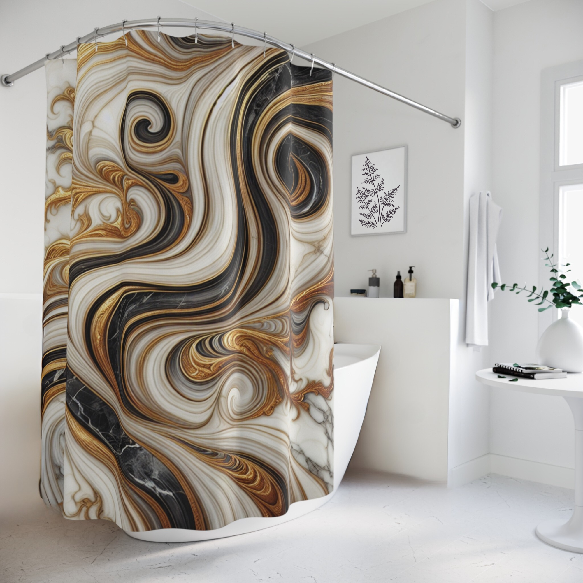 Golden Marble Swirl – Luxury Black and Gold Shower Curtain