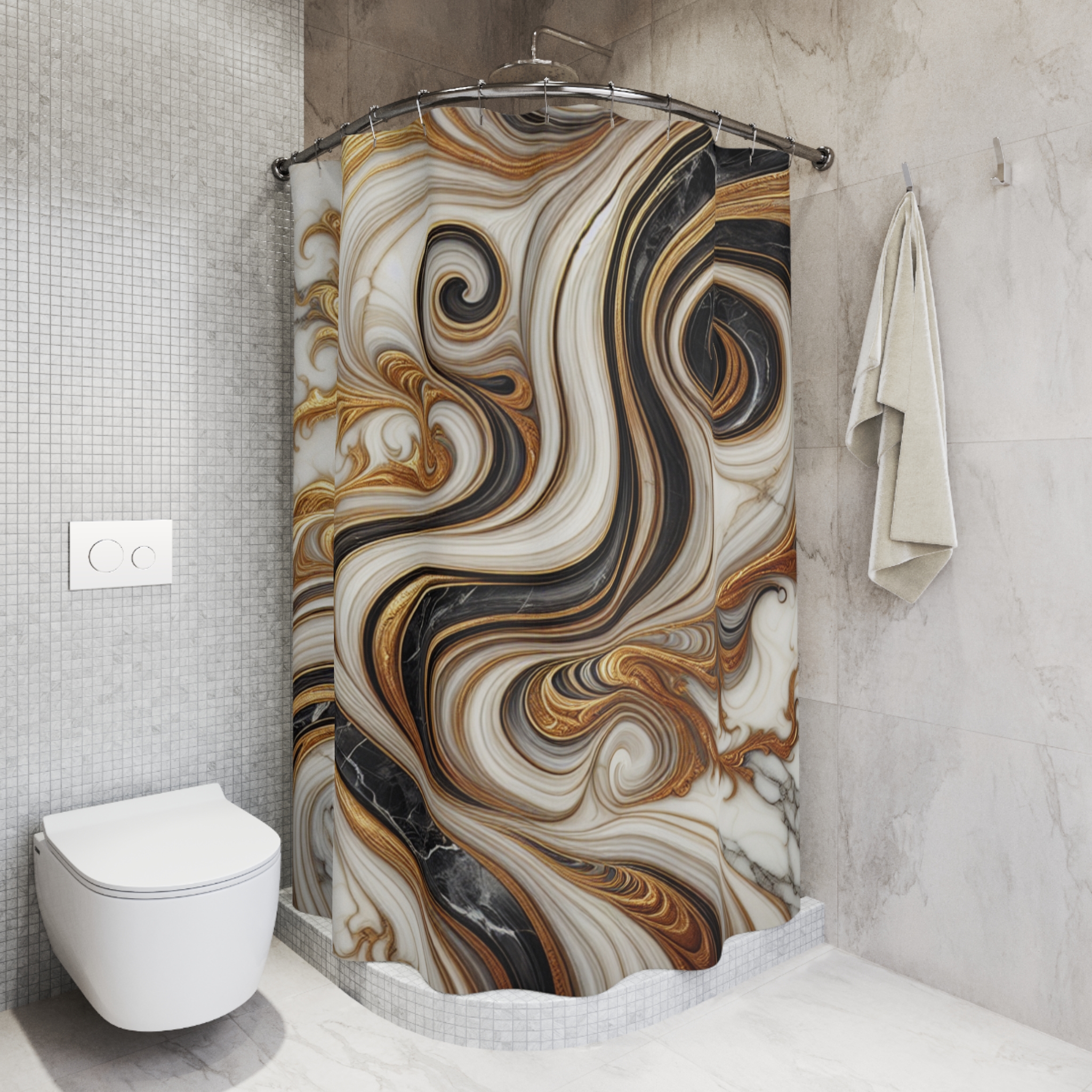 Golden Marble Swirl – Luxury Black and Gold Shower Curtain