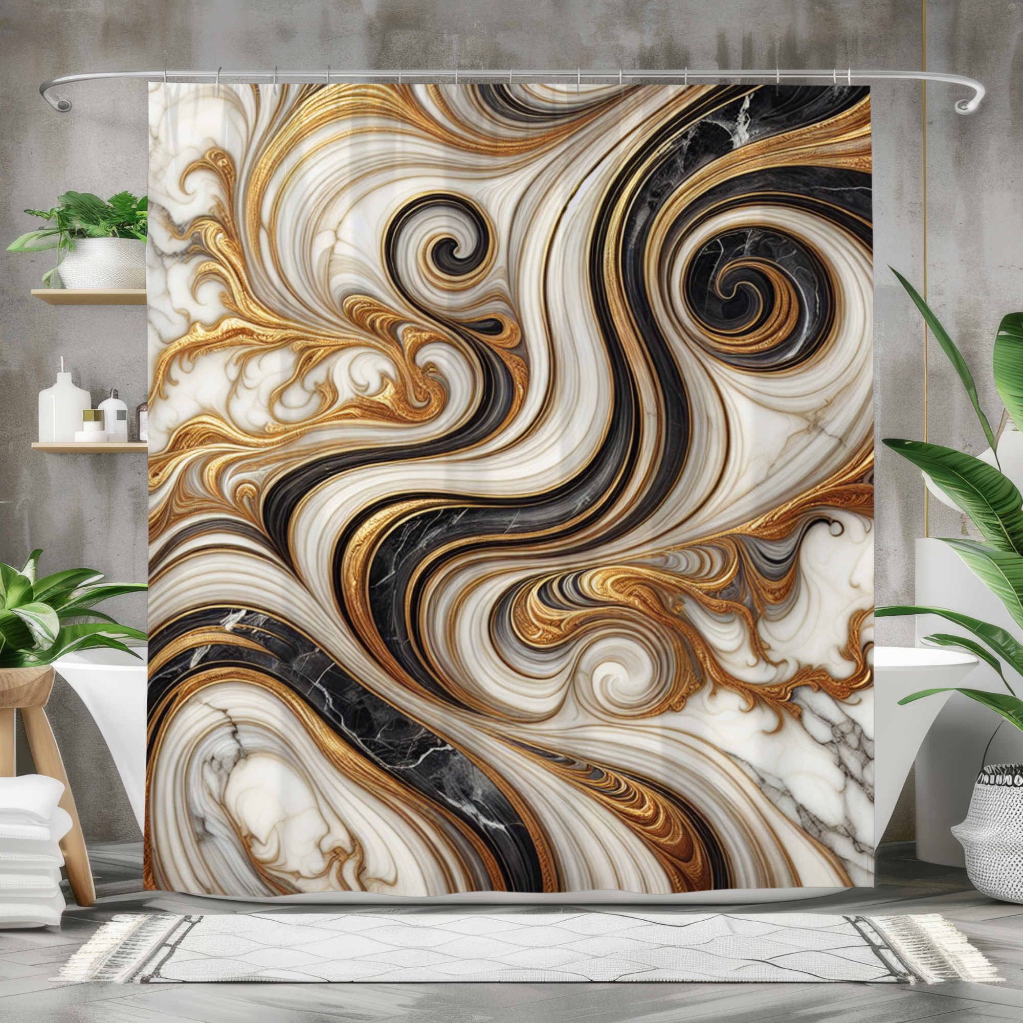 Golden Marble Swirl – Luxury Black and Gold Shower Curtain