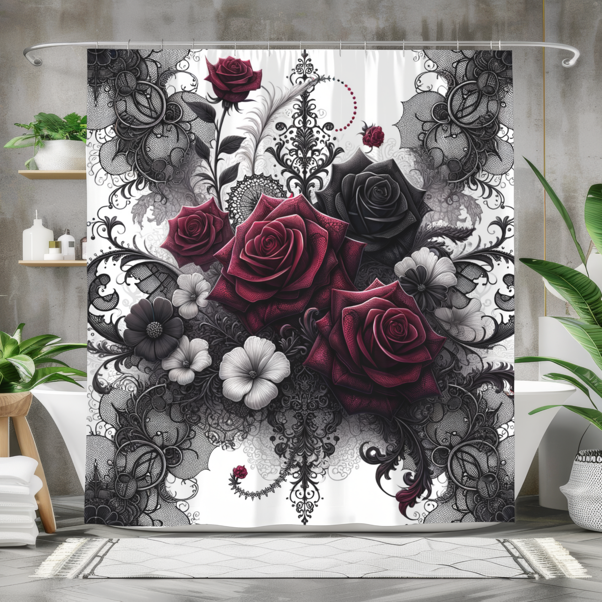 Crimson Lace Roses – Gothic Victorian Floral Shower Curtain