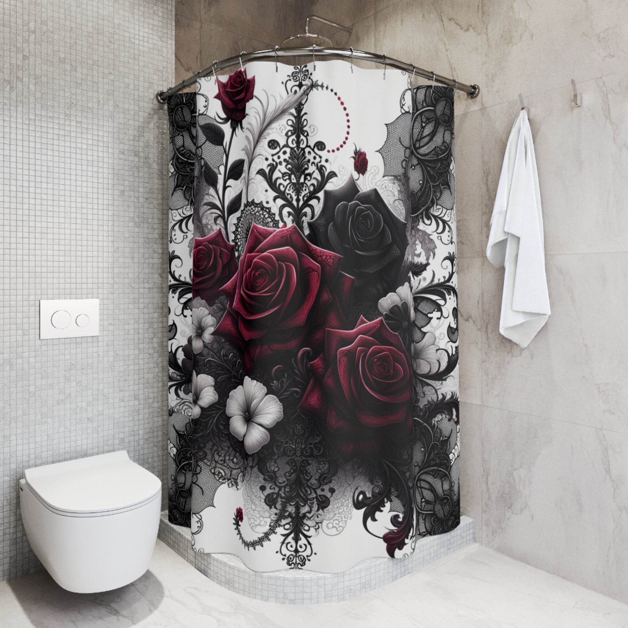 Crimson Lace Roses – Gothic Victorian Floral Shower Curtain