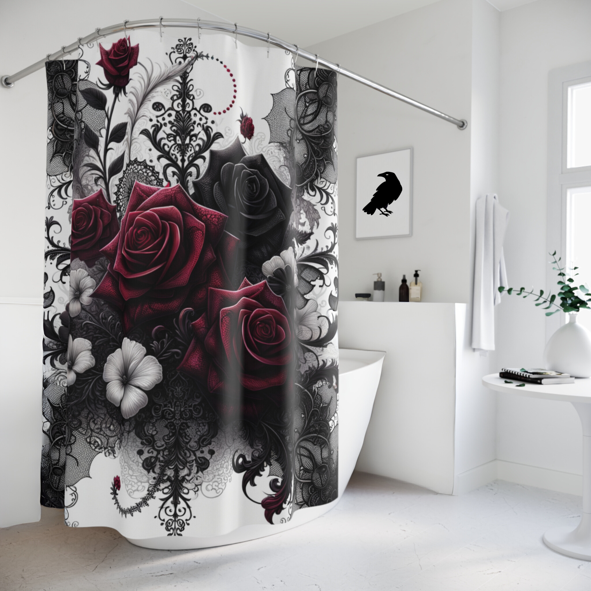 Crimson Lace Roses – Gothic Victorian Floral Shower Curtain