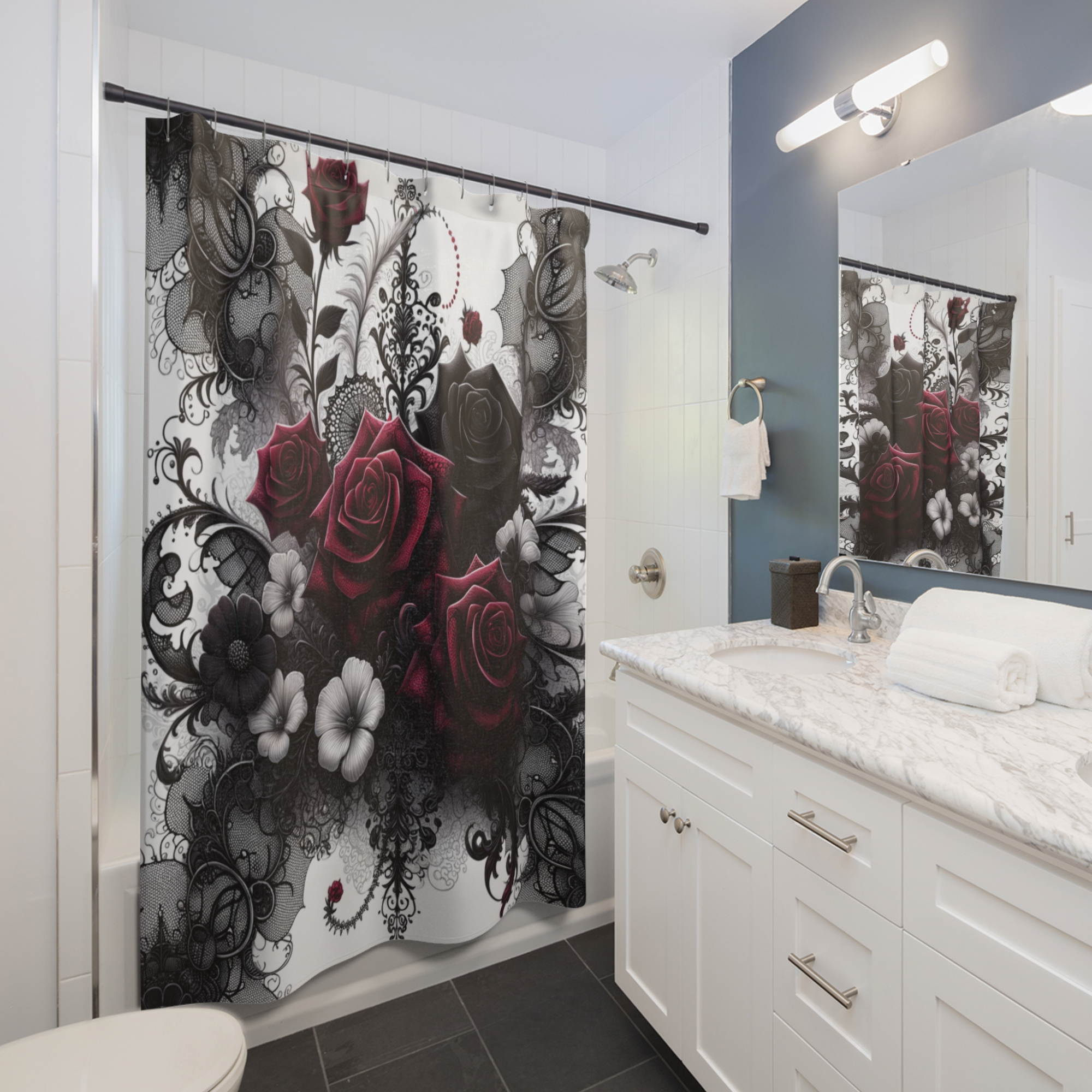Crimson Lace Roses – Gothic Victorian Floral Shower Curtain