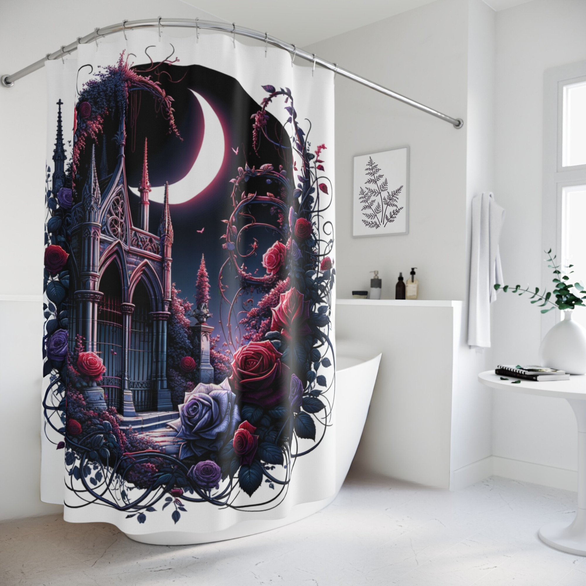 Moonlit Gothic Garden Gate – Dark Fantasy Rose Shower Curtain