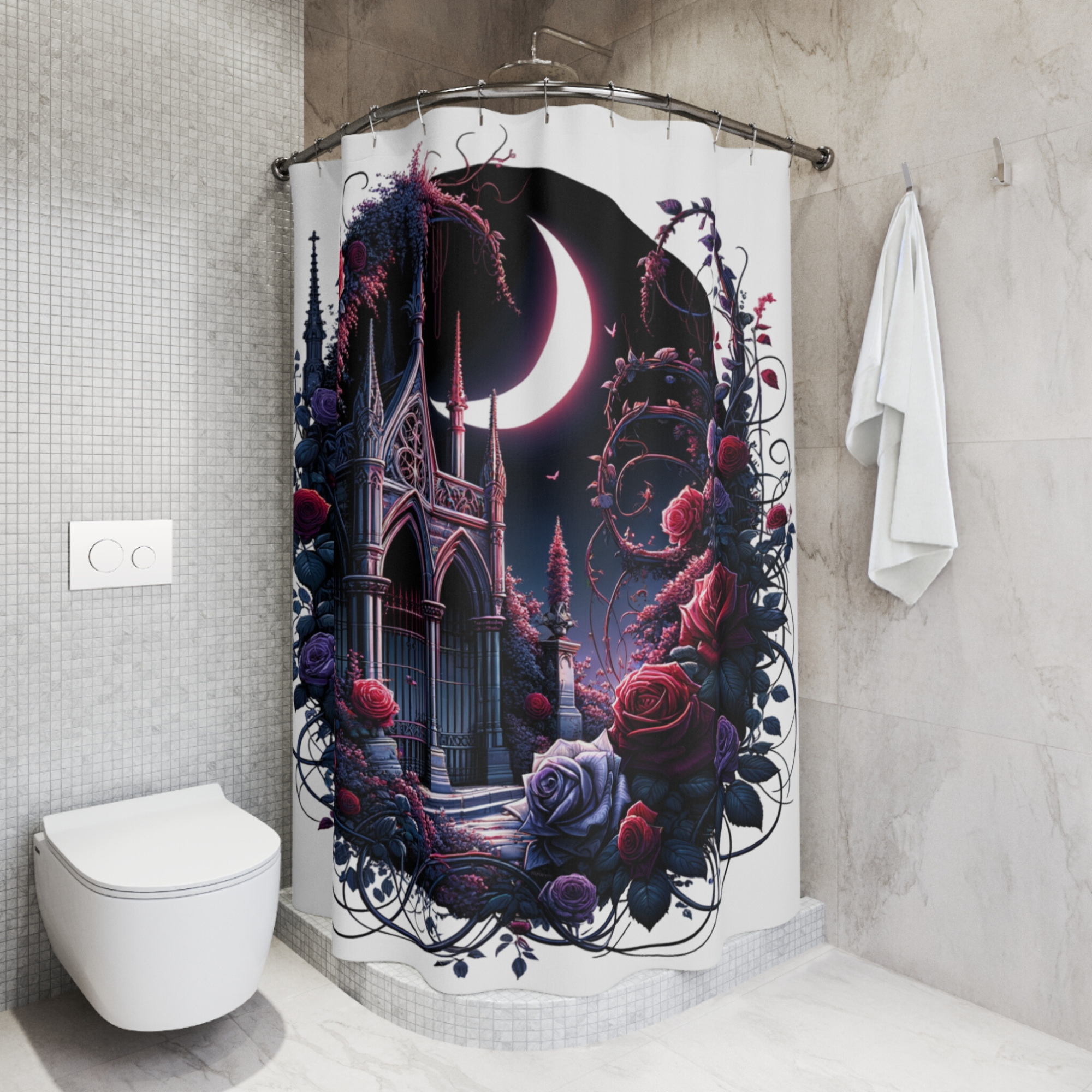 Moonlit Gothic Garden Gate – Dark Fantasy Rose Shower Curtain