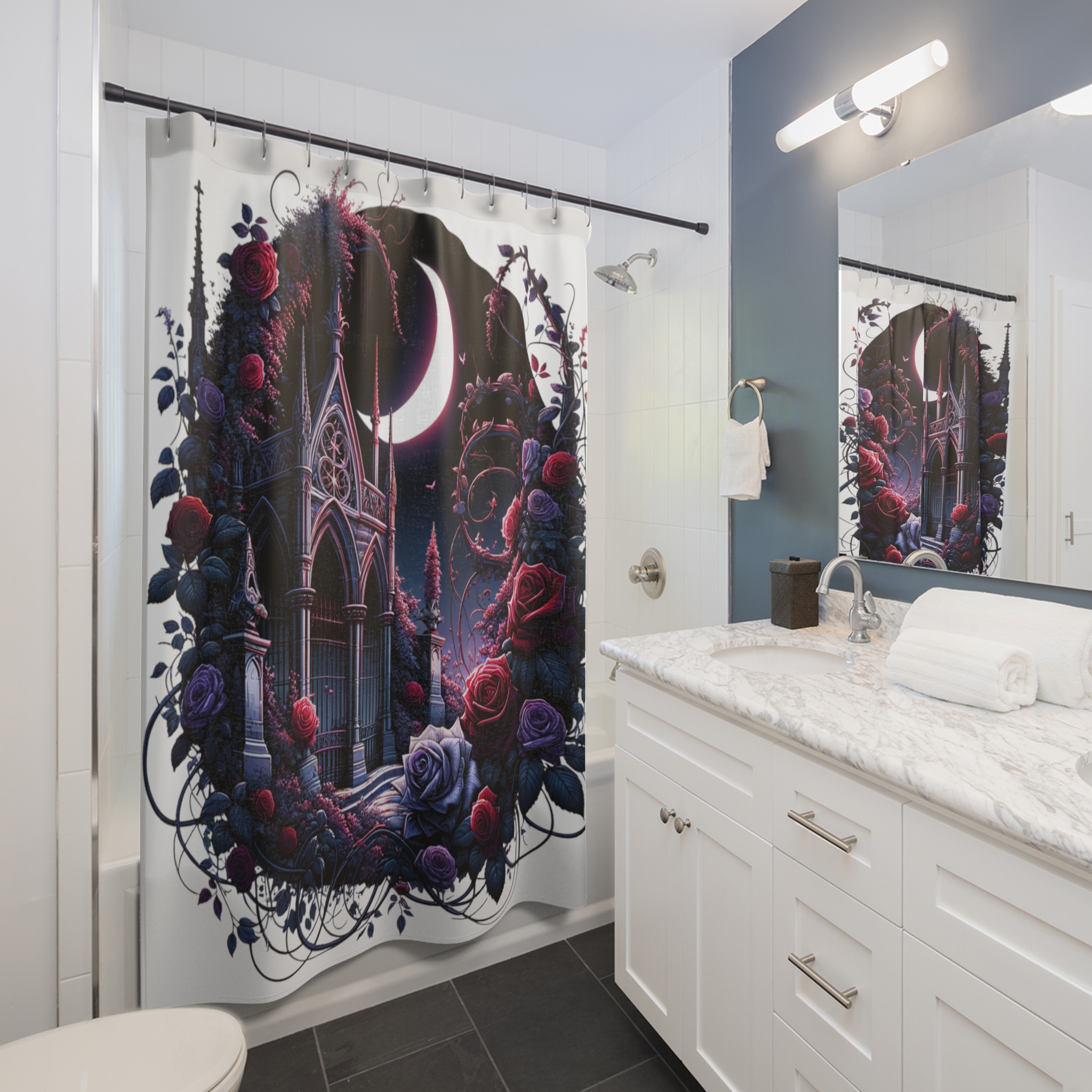 Moonlit Gothic Garden Gate – Dark Fantasy Rose Shower Curtain