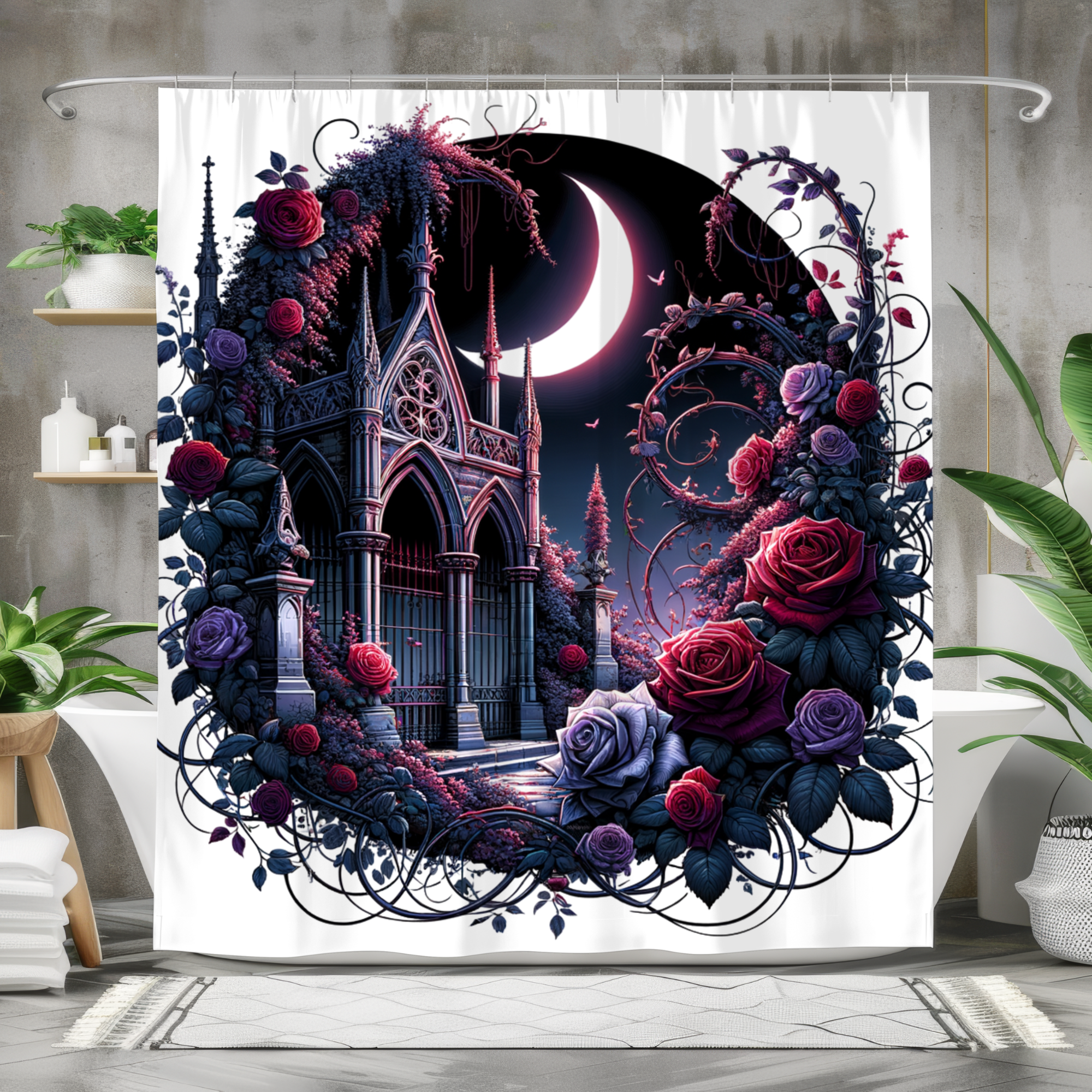 Moonlit Gothic Garden Gate – Dark Fantasy Rose Shower Curtain