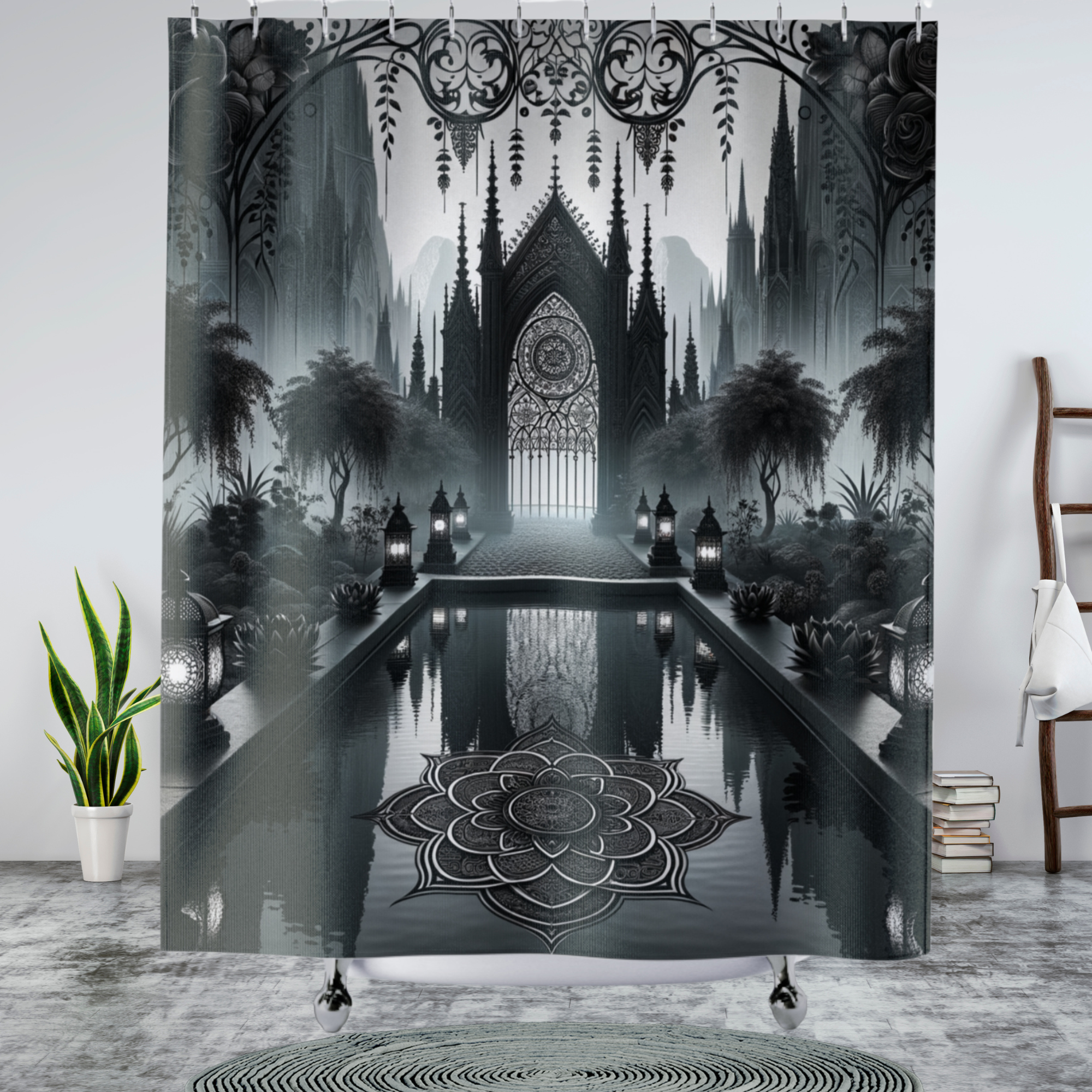Gothic Reflection Sanctuary – Monochrome Cathedral Shower Curtain
