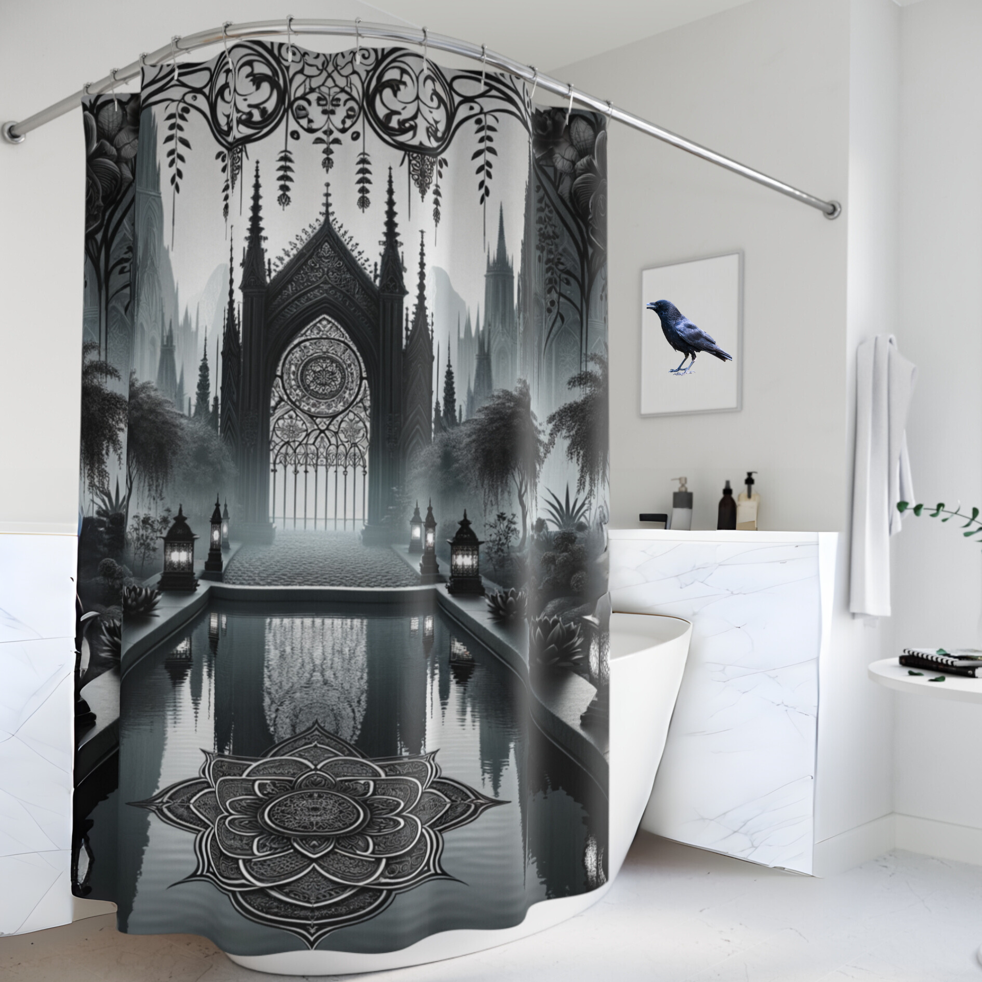 Gothic Reflection Sanctuary – Monochrome Cathedral Shower Curtain