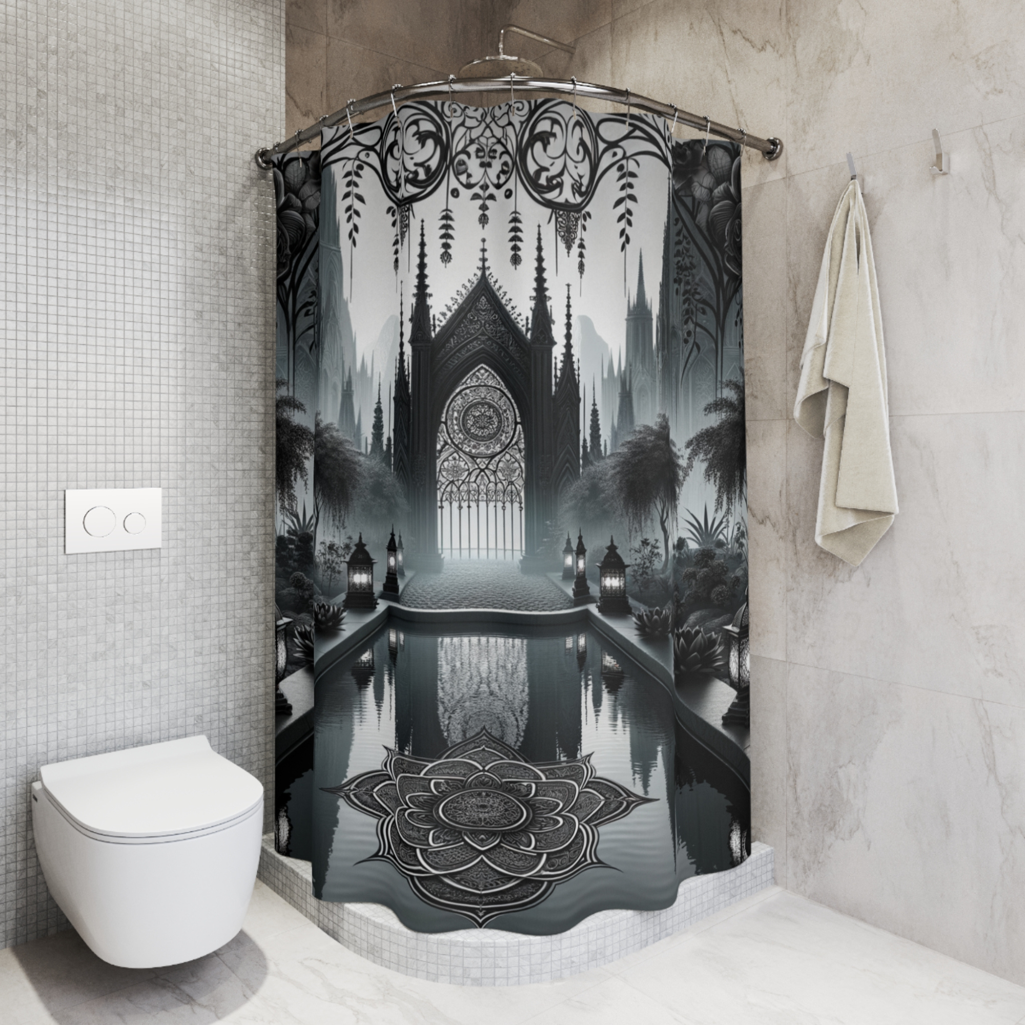 Gothic Reflection Sanctuary – Monochrome Cathedral Shower Curtain