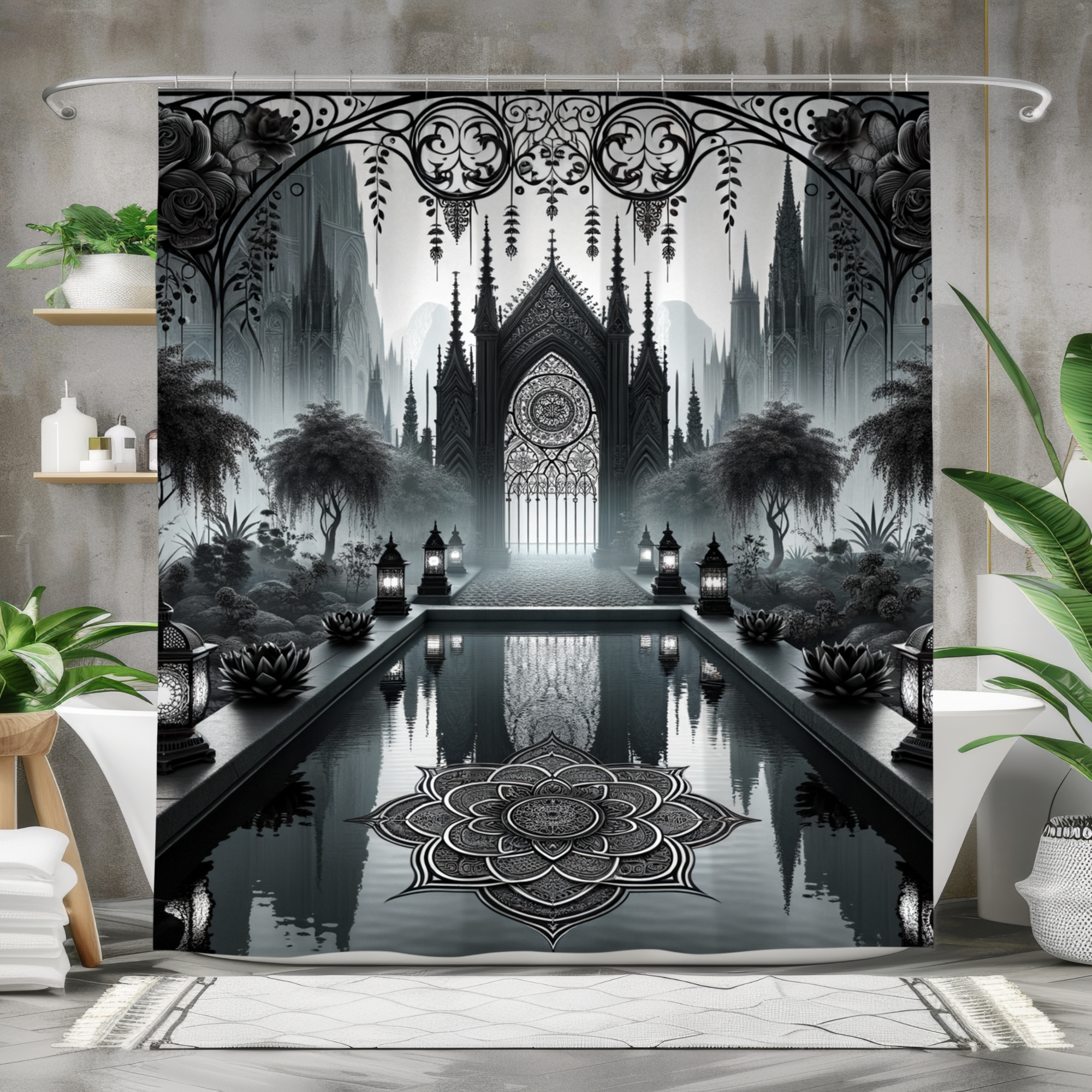 Gothic Reflection Sanctuary – Monochrome Cathedral Shower Curtain