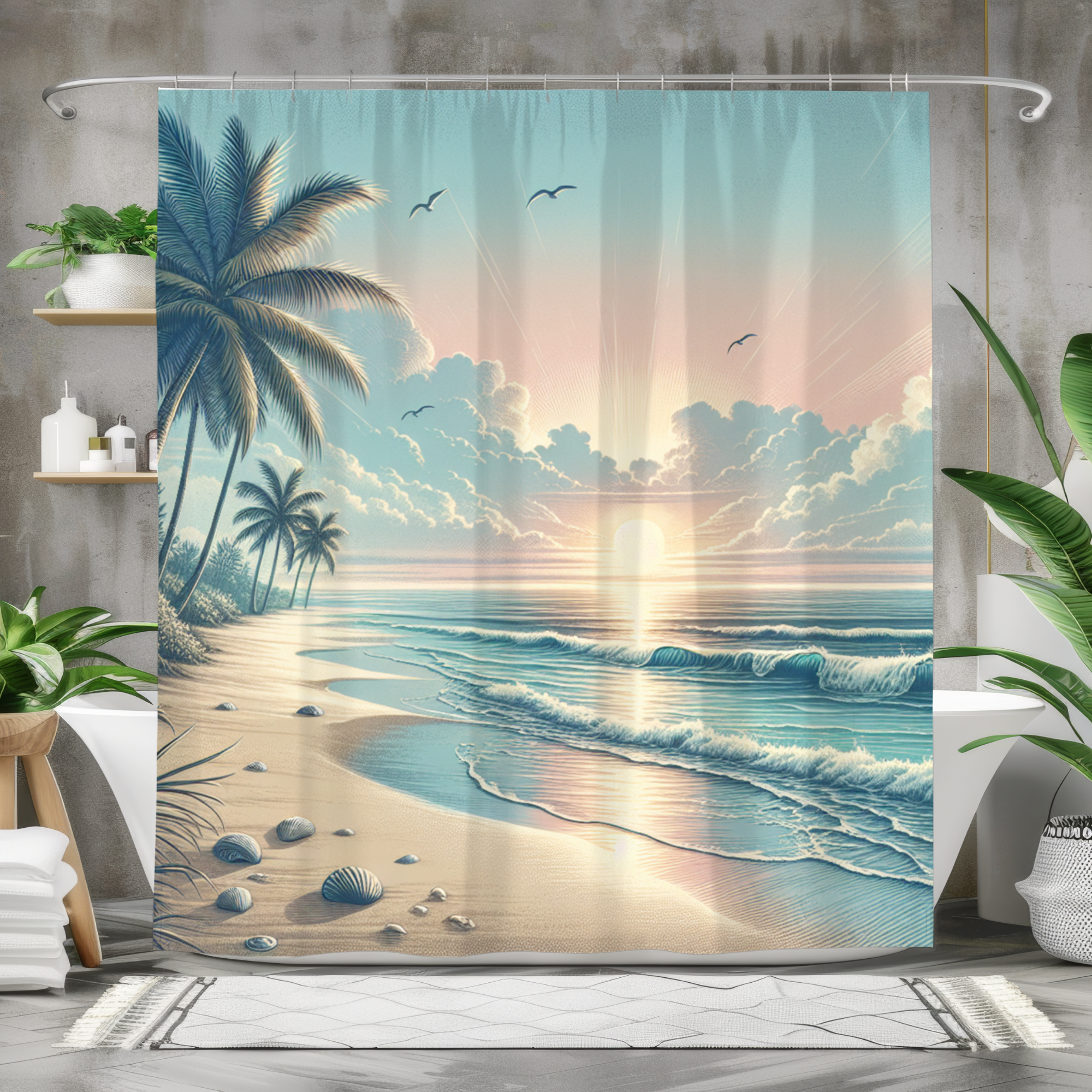 Pastel Sunrise Beach With Seashells – Coastal Ocean Shower Curtain