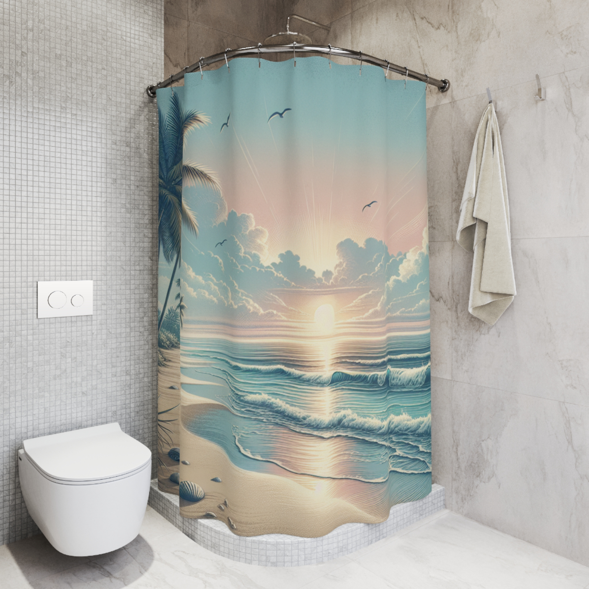 Pastel Sunrise Beach With Seashells – Coastal Ocean Shower Curtain