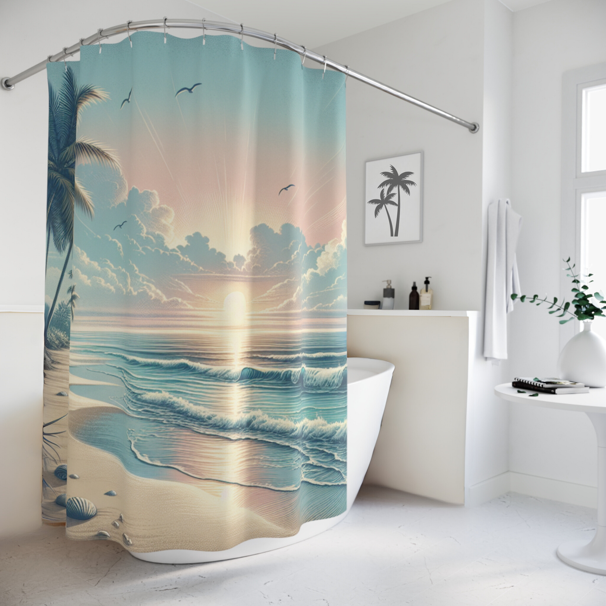 Pastel Sunrise Beach With Seashells – Coastal Ocean Shower Curtain