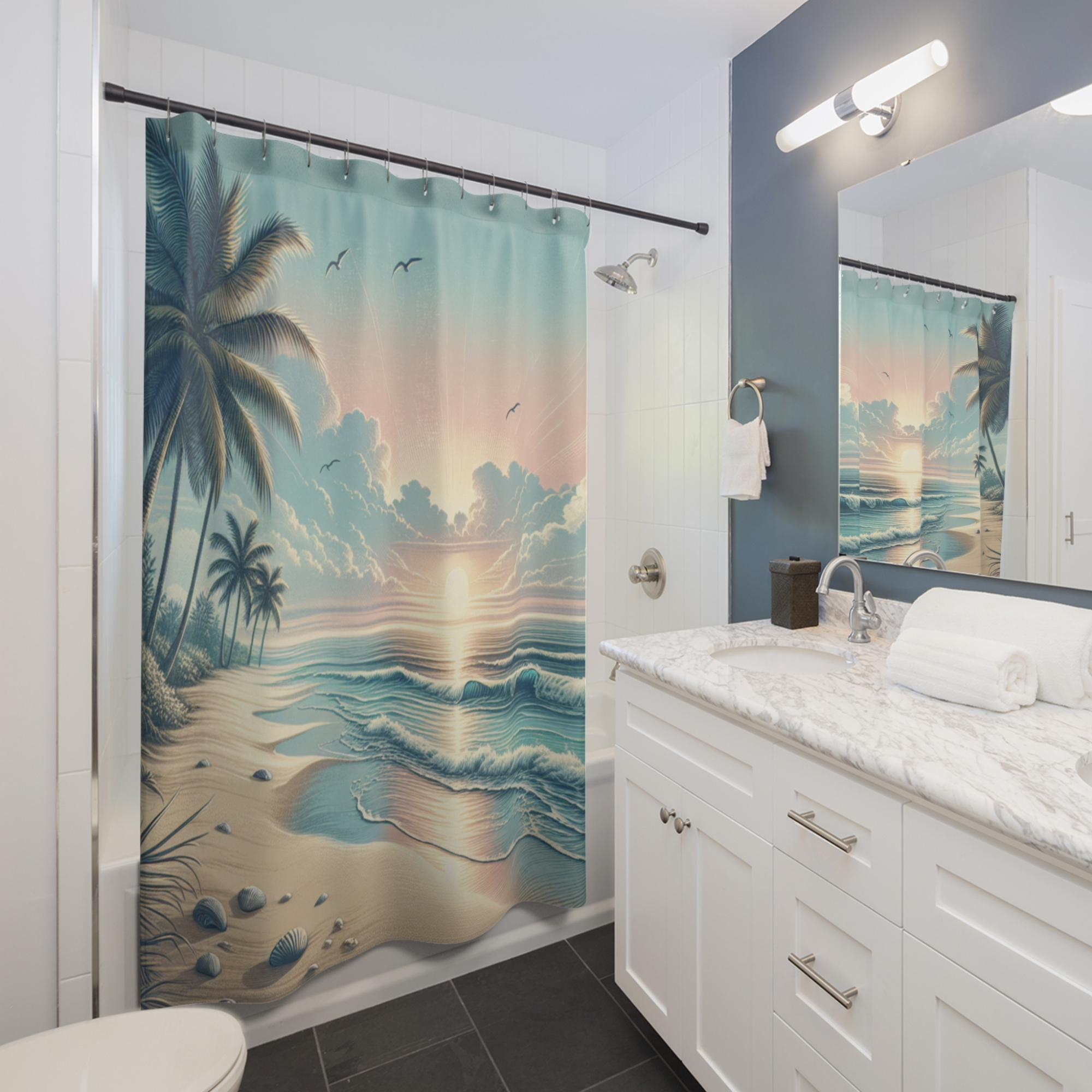 Pastel Sunrise Beach With Seashells – Coastal Ocean Shower Curtain