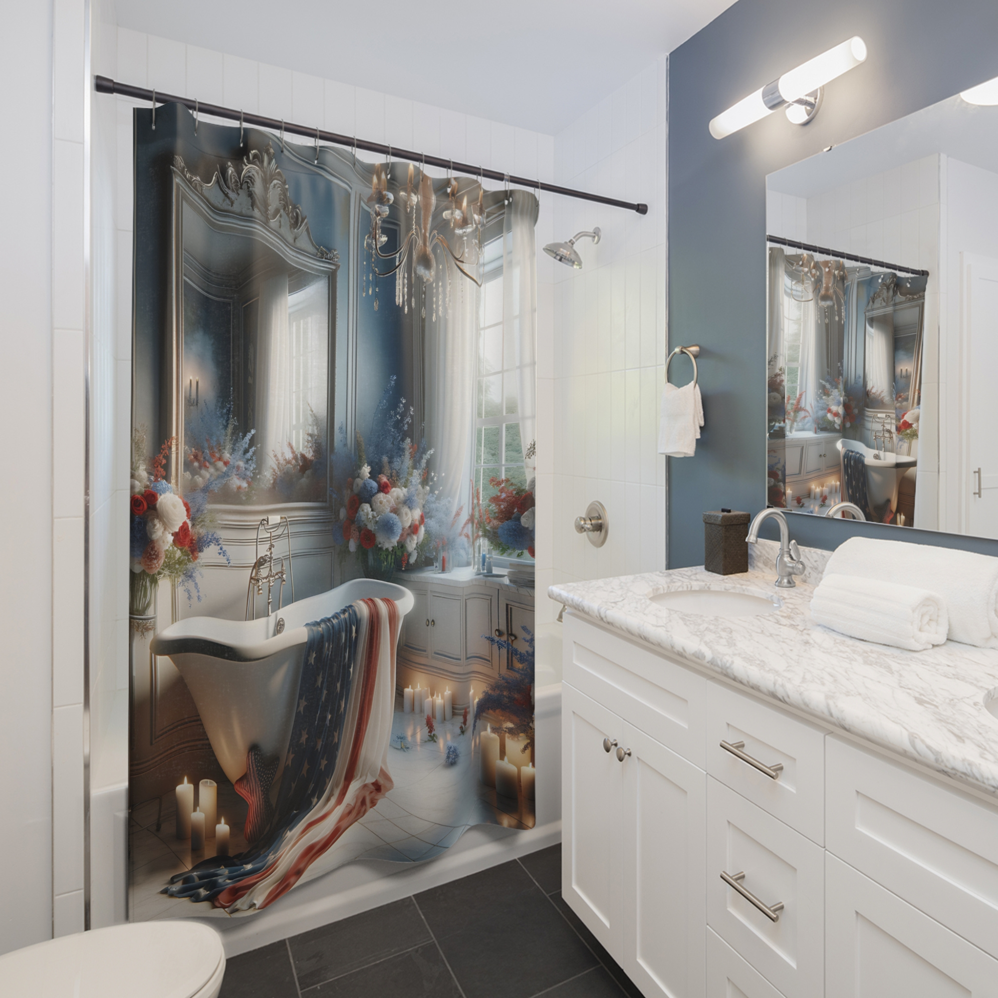 Elegant Patriotic Bath Scene – Americana Floral Shower Curtain