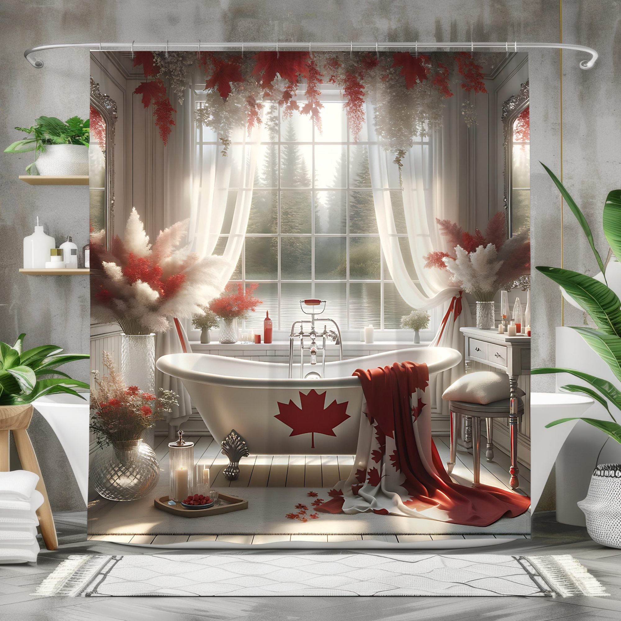 Canada Day Shower Curtain – Vintage Lakeside Maple Leaves