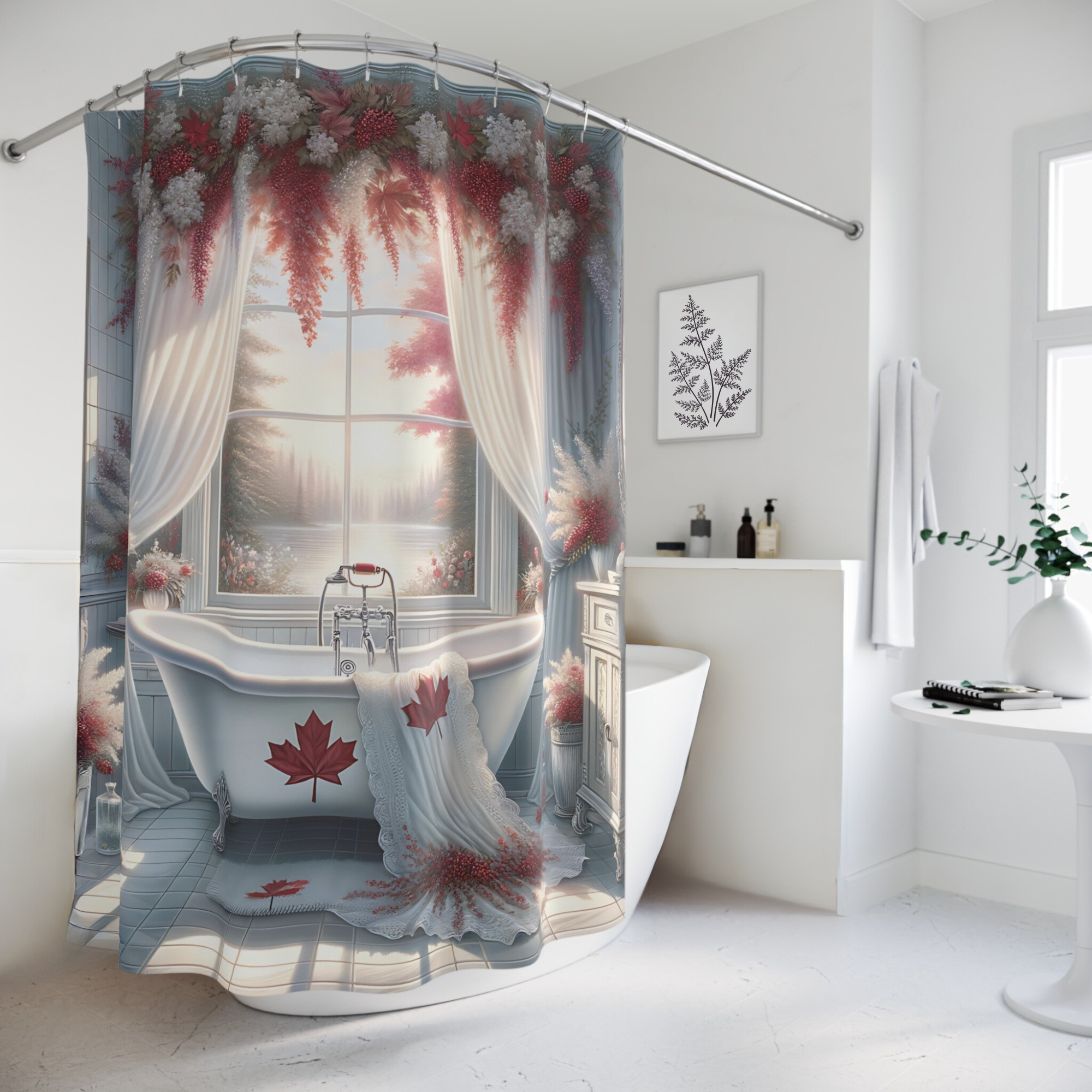 Canada Day Maple Leaf Shower Curtain – Vintage White Clawfoot Tub