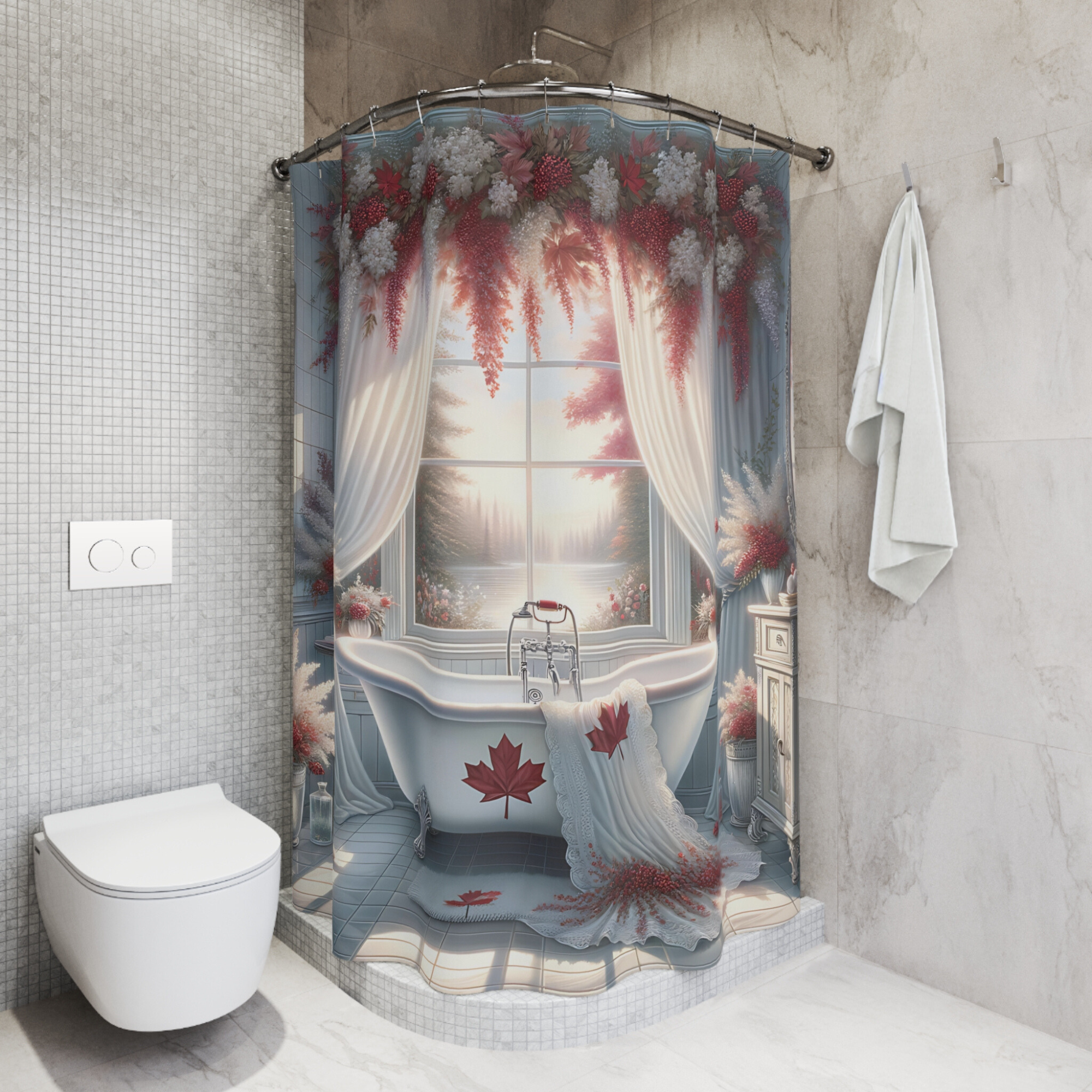 Canada Day Maple Leaf Shower Curtain – Vintage White Clawfoot Tub