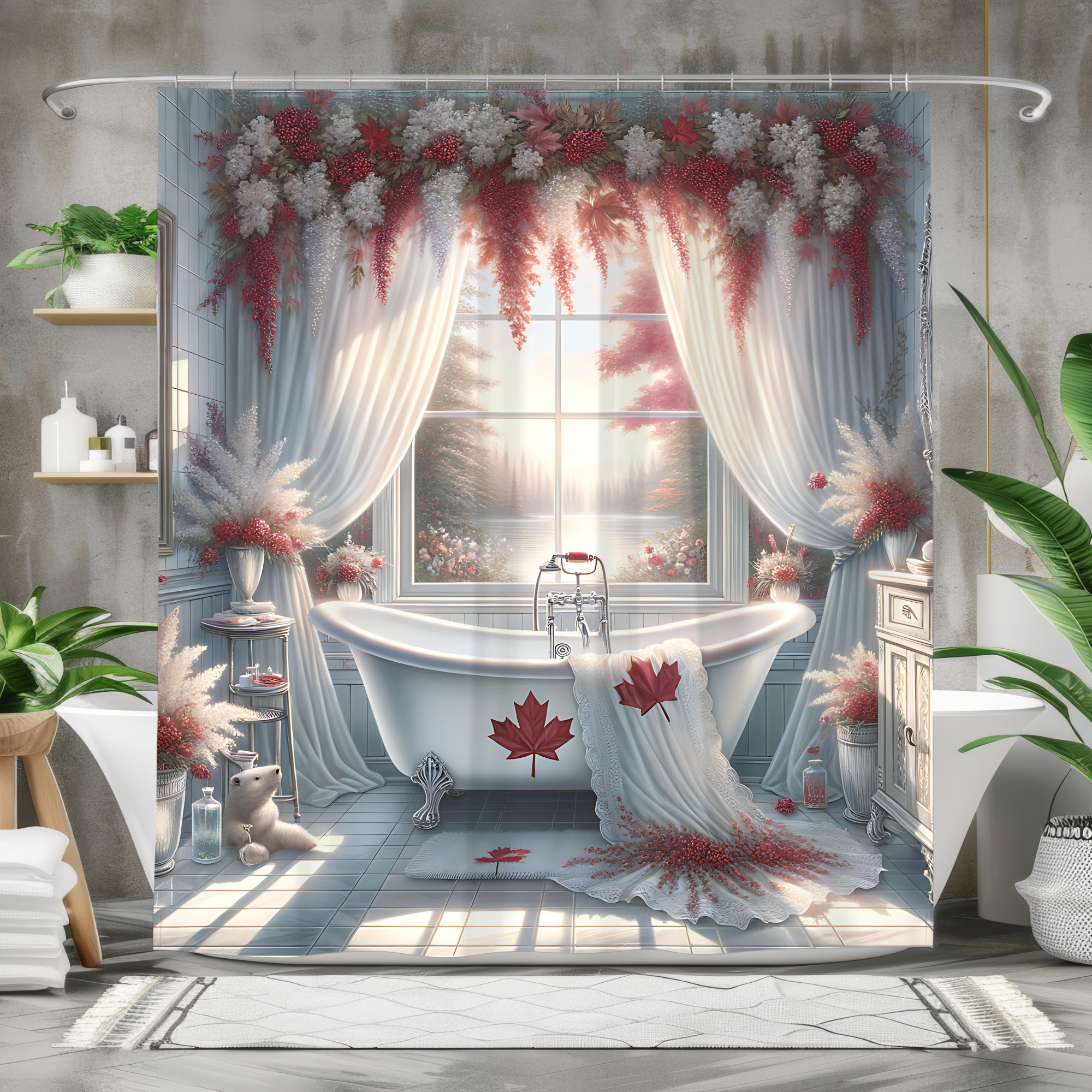 Canada Day Maple Leaf Shower Curtain – Vintage White Clawfoot Tub
