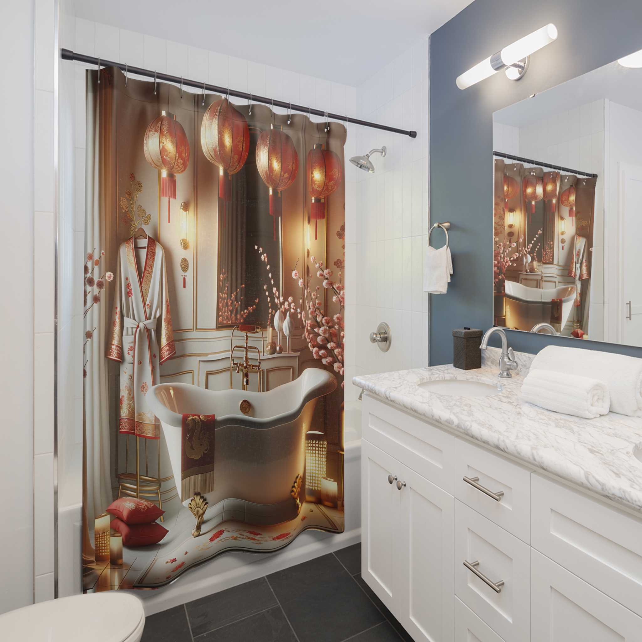 Chinese New Year Tranquility – Red Lantern & Blossom Shower Curtain